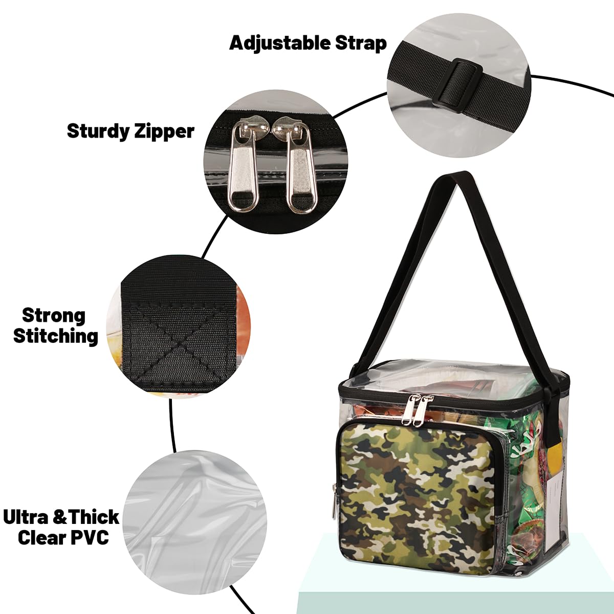 Military Camo Clear Tote Bag with Handles - Transparent Crossbody Shoulder Bag for Outdoor, Travel, Picnic, Concerts & Sports Events (Stadium Approved) - Durable Lunch Bag for Camping, Hiking, Beach & School Use