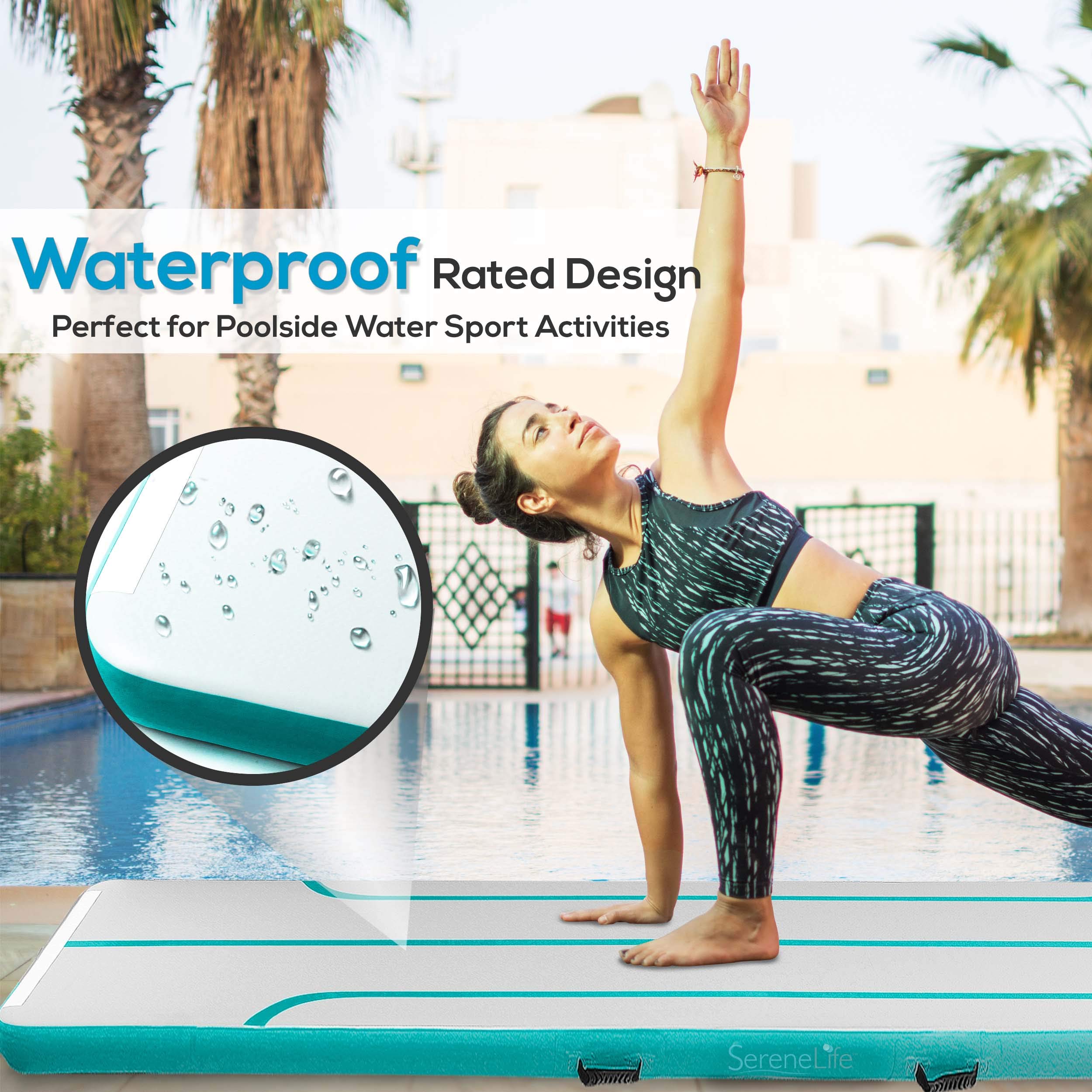 SereneLife 13FT Inflatable Gymnastics Air Tumbling Mat - 4 Inch Thick Floating Water Mat for Cheerleading, Yoga & Training | Portable with Electric Pump | Indoor/Outdoor Use for Home, Beach & Pool Activities