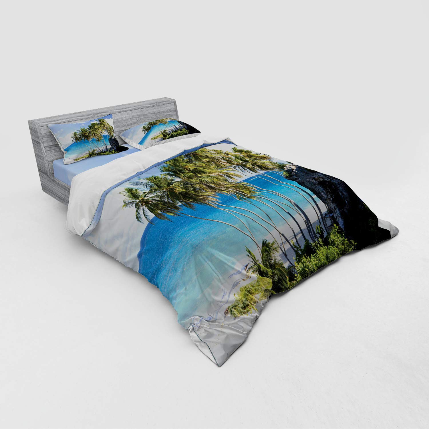 Ambesonne 4-Piece Queen Duvet Cover Set - Caribbean Island Palm Tree & Ocean Print Bedding with Shams & Fitted Sheet, Cream Blue | Tropical Vacation Theme for Bedroom Decor & Travel Lovers