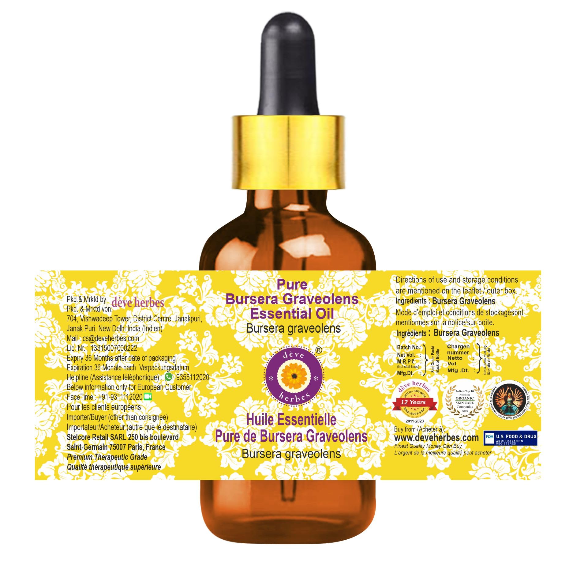 Pure Bursera Graveolens Essential Oil - 100% Natural Steam Distilled Frankincense Oil with Glass Dropper (2ml) for Aromatherapy, Relaxation & Skin Care