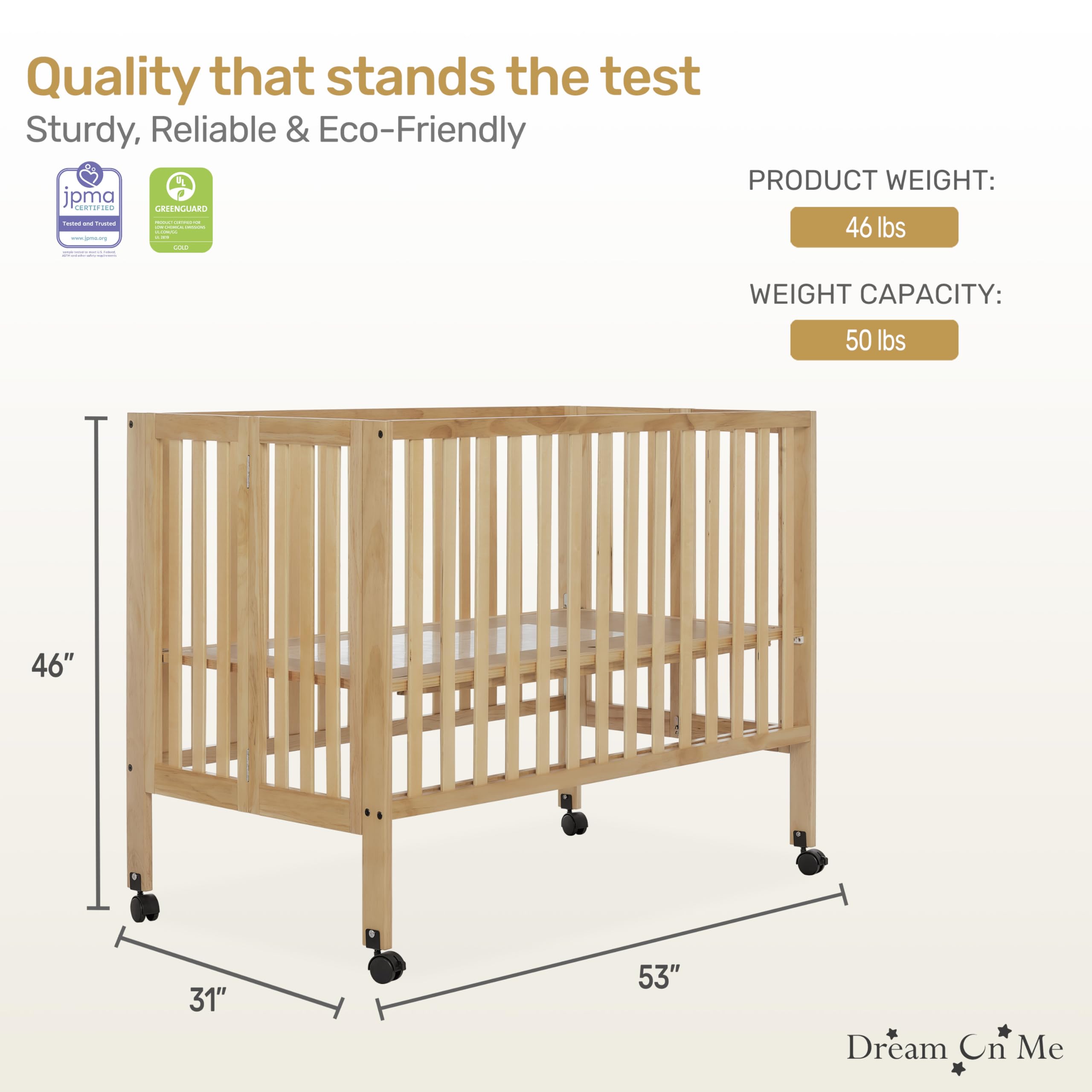 Dream On Me Quinn Full-Size Folding Crib - Natural Wood Portable Baby Crib with Removable Wheels, Adjustable Mattress Support & Patented Folding System | Modern Nursery Furniture for Home, Travel & Daycare Use