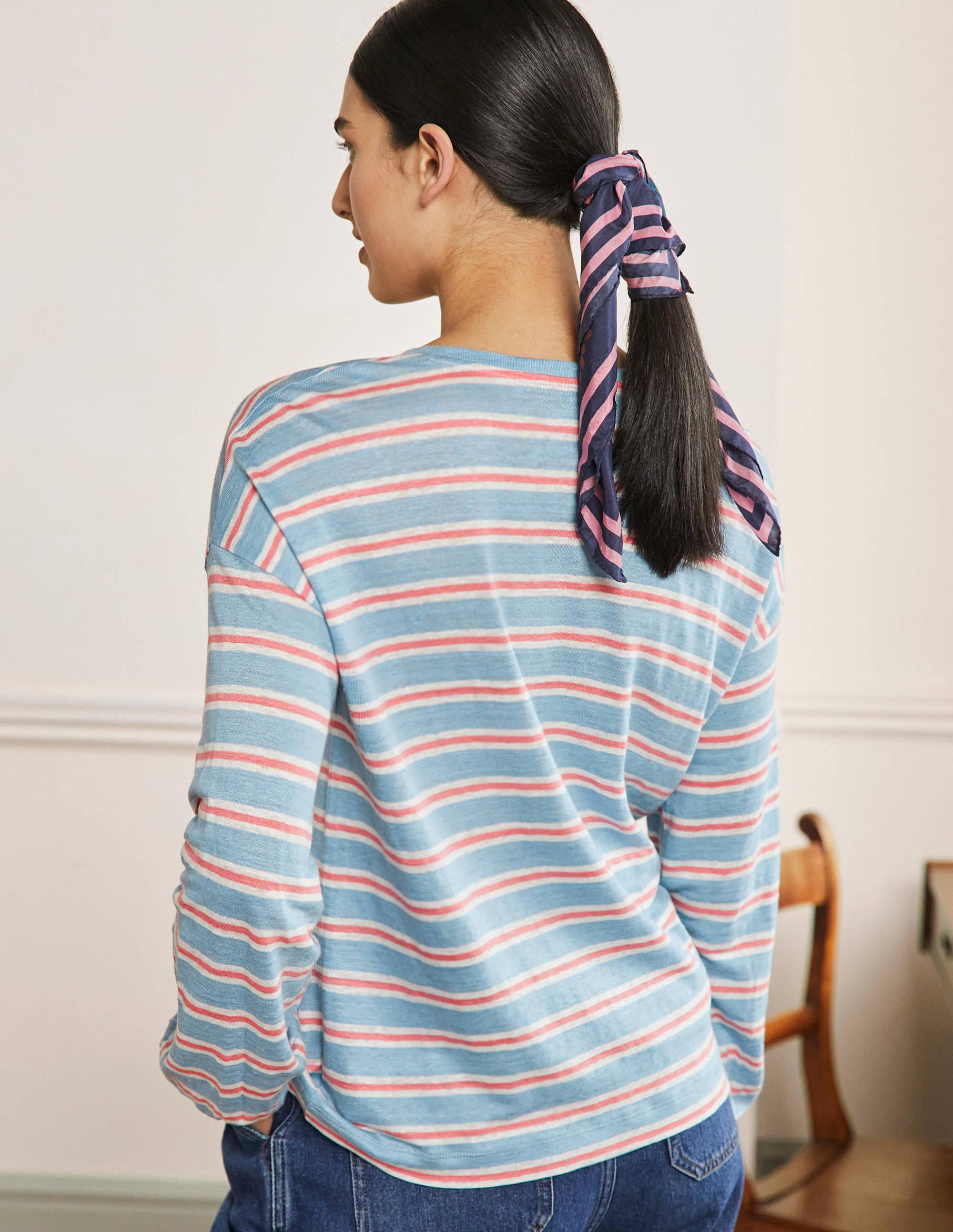 Linen Blouse Women's Casual Dusty Blue & Coral Striped Top for Summer Outfits, Beachwear, and Boho Style