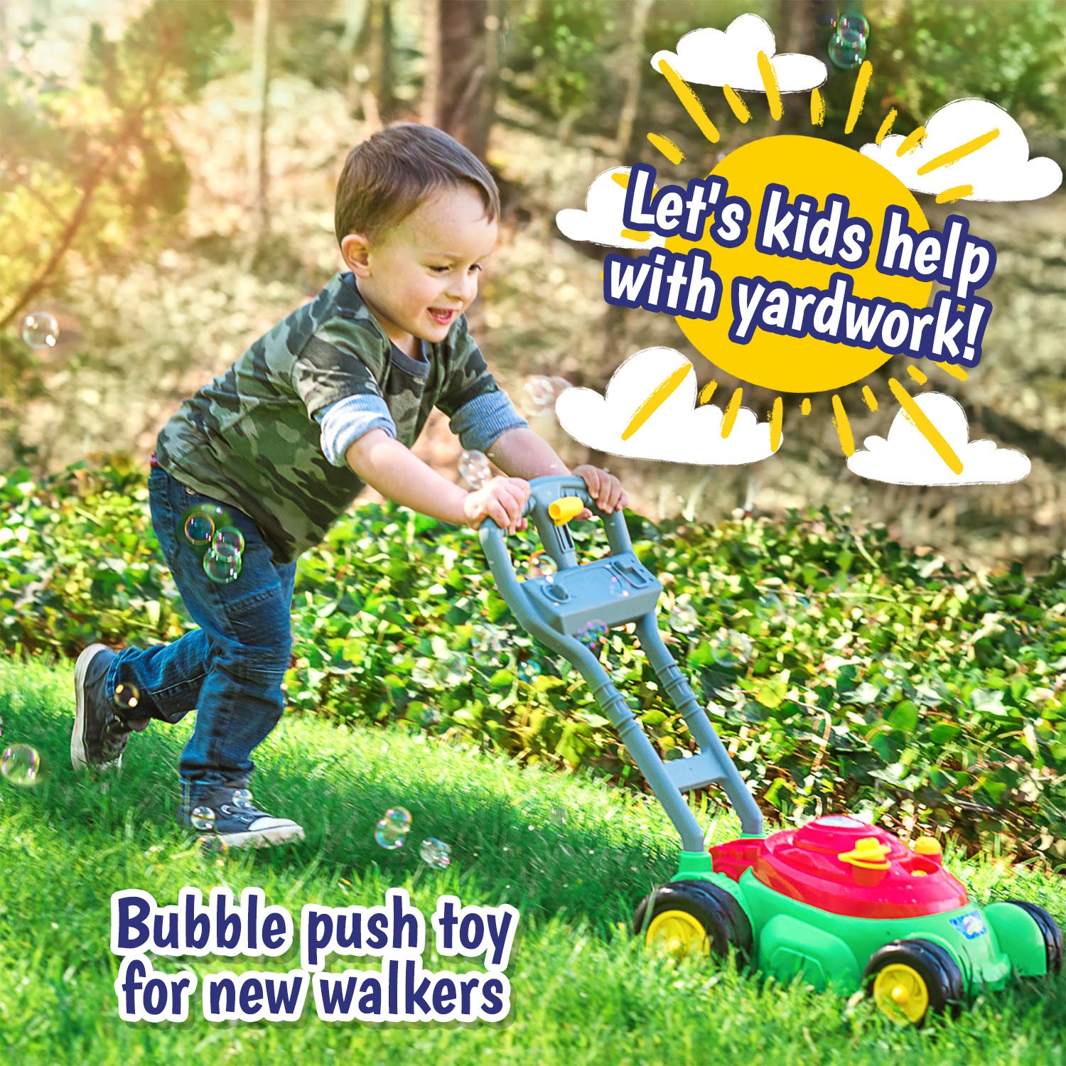 Maxx Bubbles Deluxe Bubble Lawn Mower Toy for Kids - Outdoor Bubble Blower Machine with 4oz Bubble Solution Included | No Batteries Needed, Easy Push & Play Design | Red Amazon Exclusive by Sunny Days Entertainment | Perfect for Backyard Play, Birthday Parties & Summer Outdoor Activities