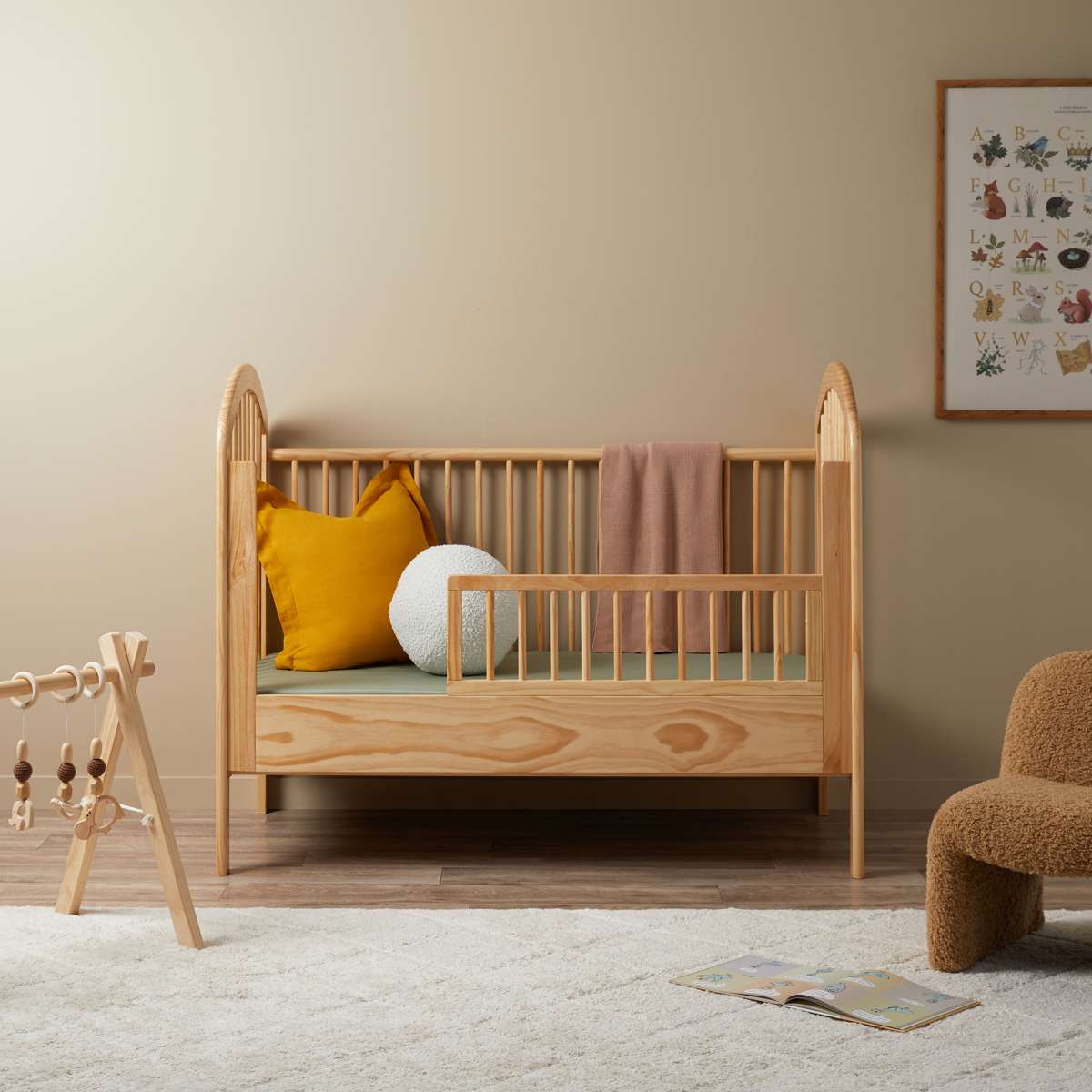 Archie Cot Toddler Bed Half Frame - Natural Wood Baby Crib for Kids & Toddlers - Perfect for Nursery, Daycare, and Home Use