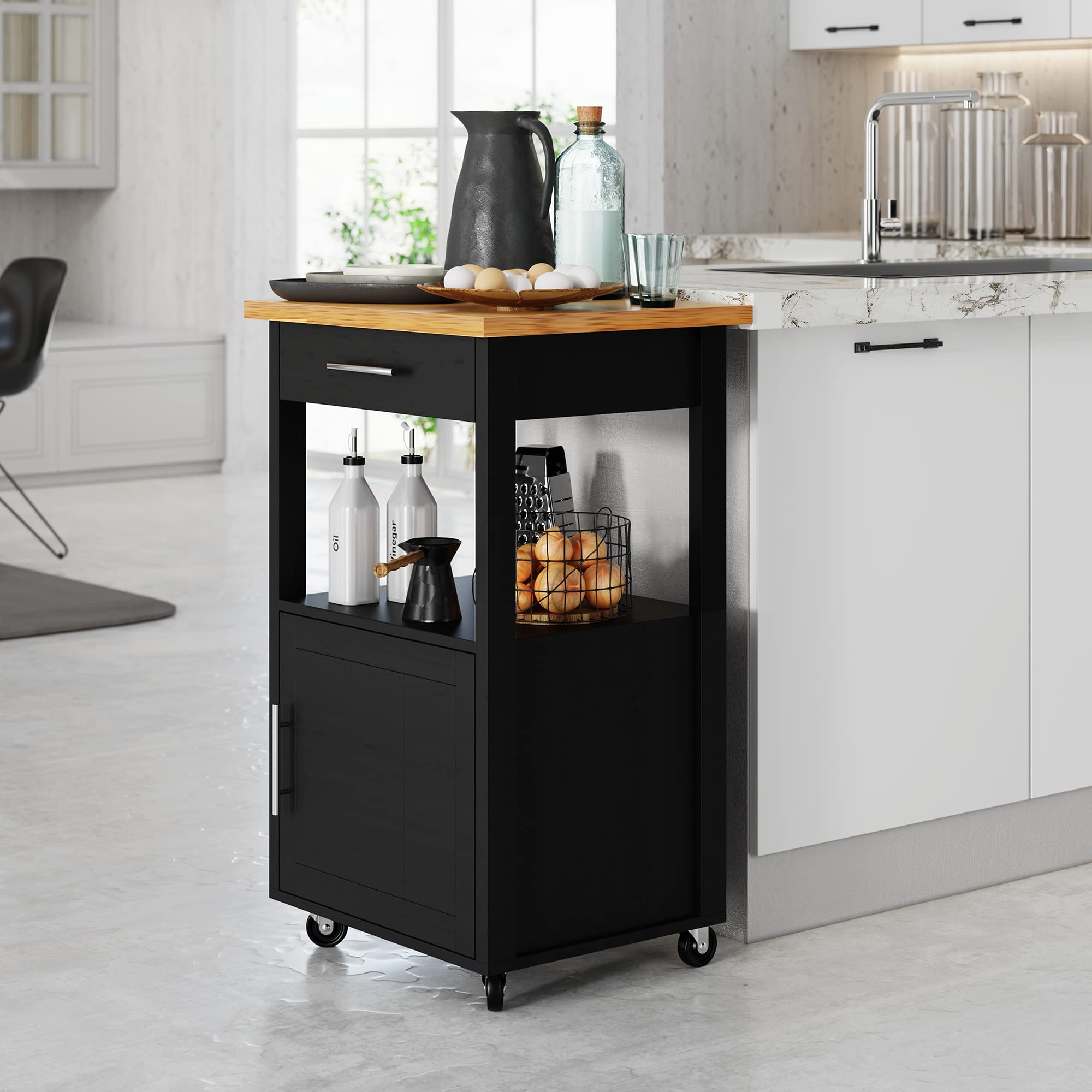 Shintenchi Kitchen Island Cart with Storage - Rolling Mobile Kitchen Cart with Worktop, Single Door Cabinet & Drawer - Perfect for Small Kitchens, Dining Rooms & Apartments - Black