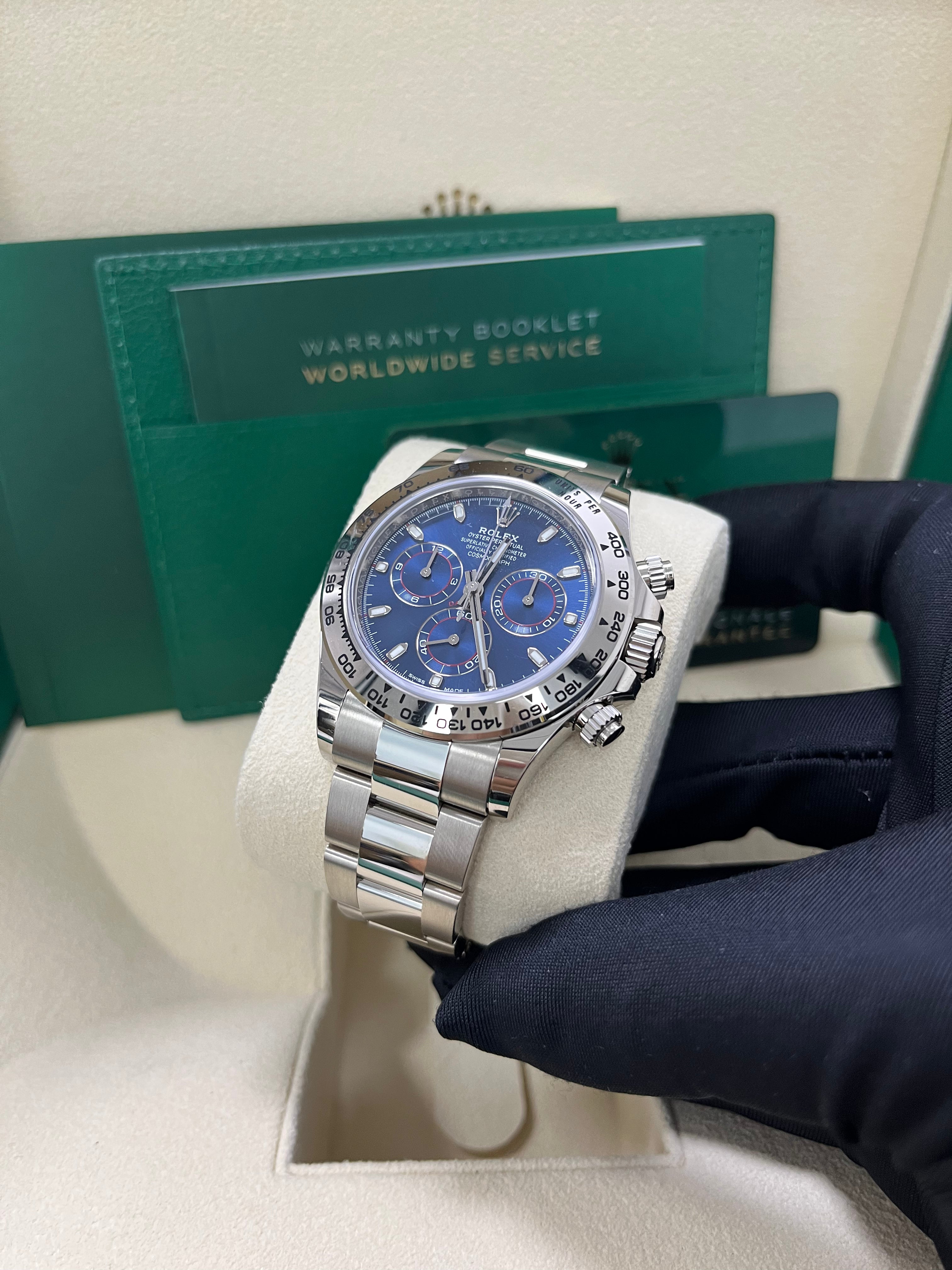 Rolex Daytona 40mm White Gold Cosmograph Watch with Blue Index Dial (Ref# 116509) - Luxury Men's Chronograph for Business, Racing & Special Occasions