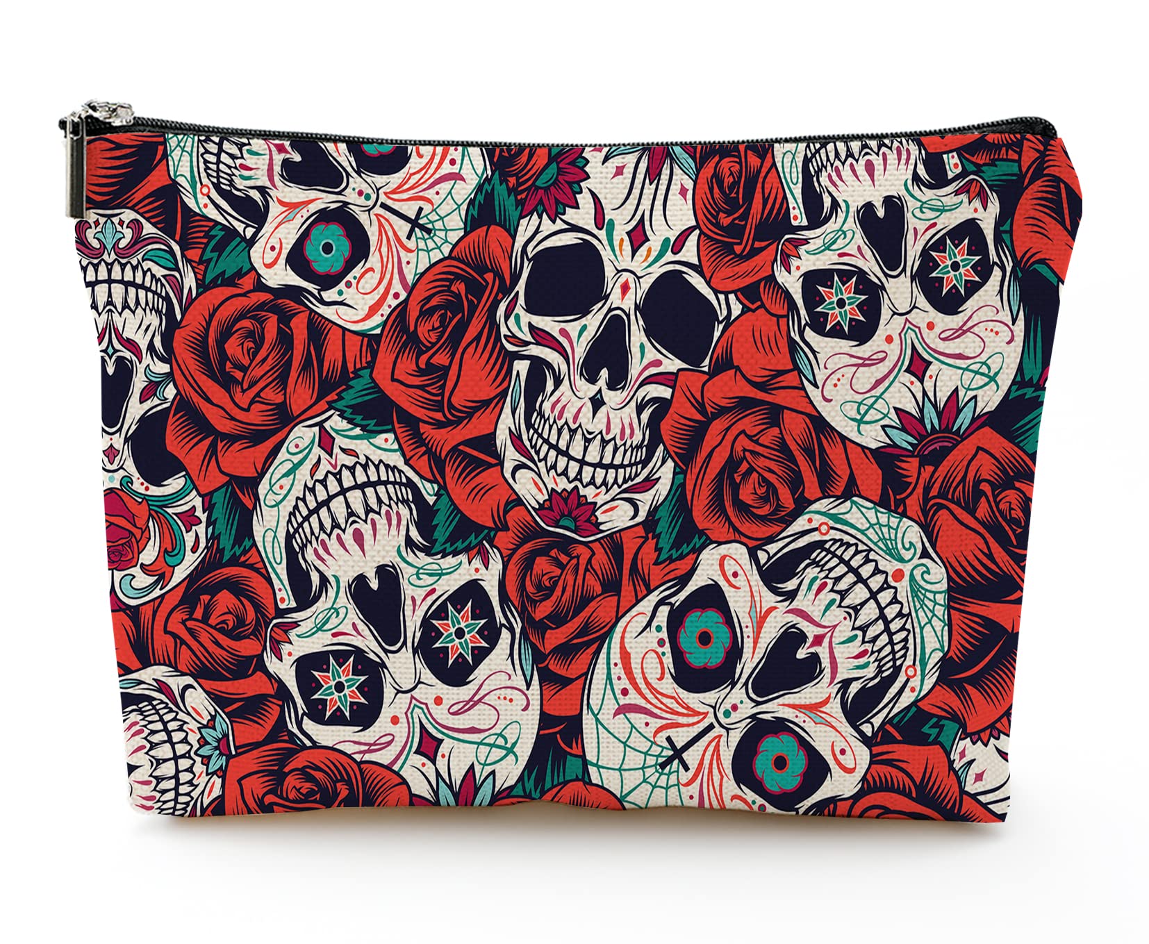 Large Travel Makeup Bag for Women - Waterproof Cosmetic Organizer with Zipper, 7x10 Inch Toiletry Pouch (Skull Flower Design) - Perfect for Travel, Gym, and Daily Beauty Storage