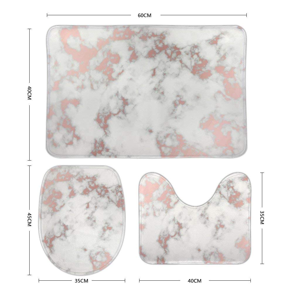 Vantaso 3-Piece Rose Gold Marble Bathroom Rug Set - Non-Slip Toilet Mat, Contour Mat & Lid Cover - Soft Absorbent Shaggy Rugs for Bathroom Floor Decor (Perfect for Master Bath, Guest Bath & Powder Rooms)