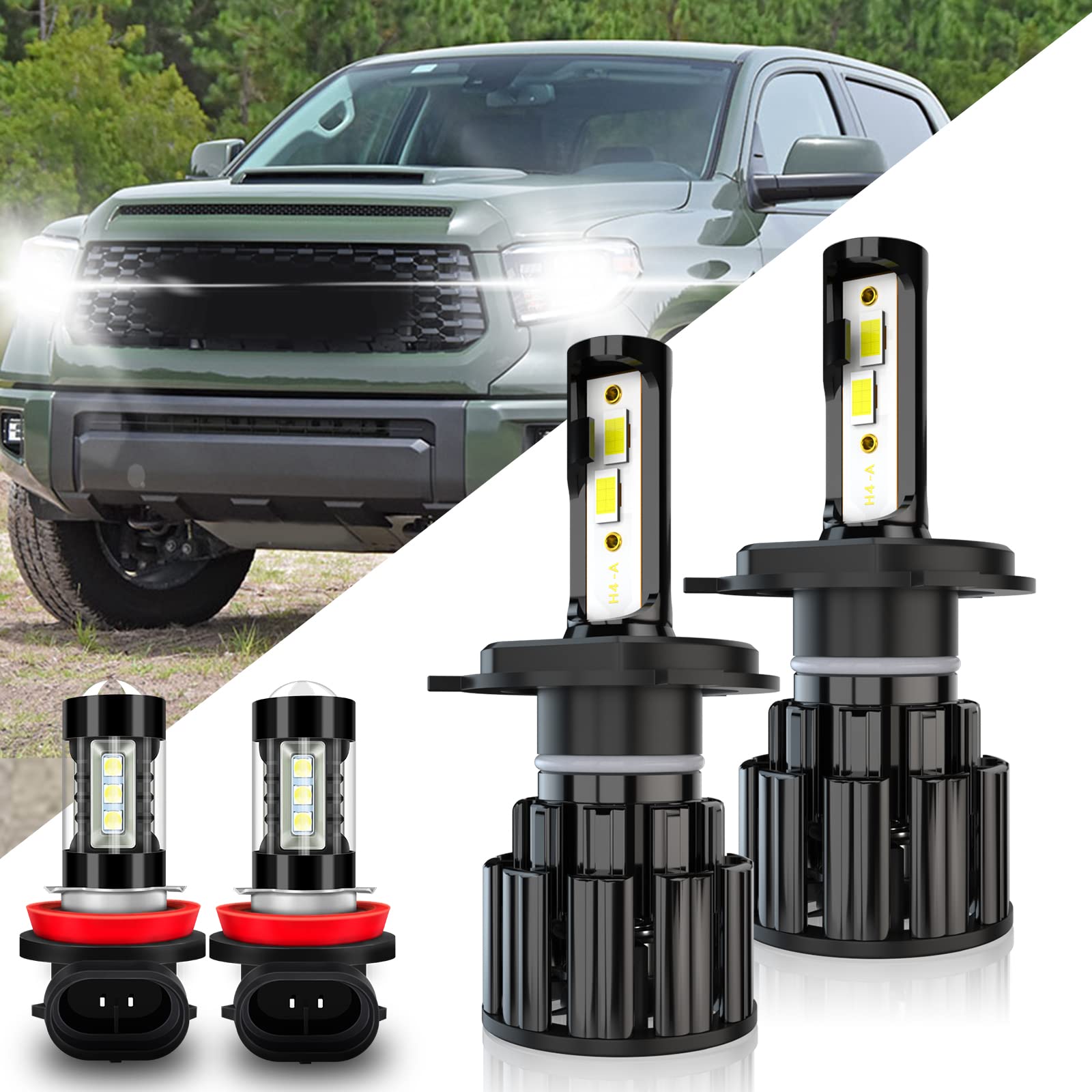 LED Headlight Bulbs H4 High Low Beam & H11 Fog Light Kit - 10000LM 6000K White Super Bright for Toyota Tundra (2014-2020) | CSP Technology, Halogen Replacement, Plug and Play (4 Pack) | Perfect for Night Driving, Off-Road Adventures & Foggy Conditions