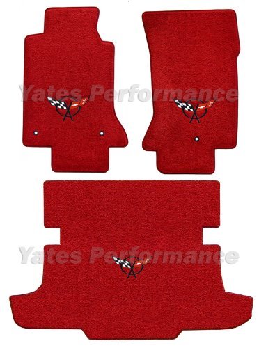 1997-2004 C5 Corvette Hardtop Custom Fit Floor & Trunk Mats - Premium Red Carpet with Black Crossed Flags Emblem | Perfect for Corvette Enthusiasts & Car Shows