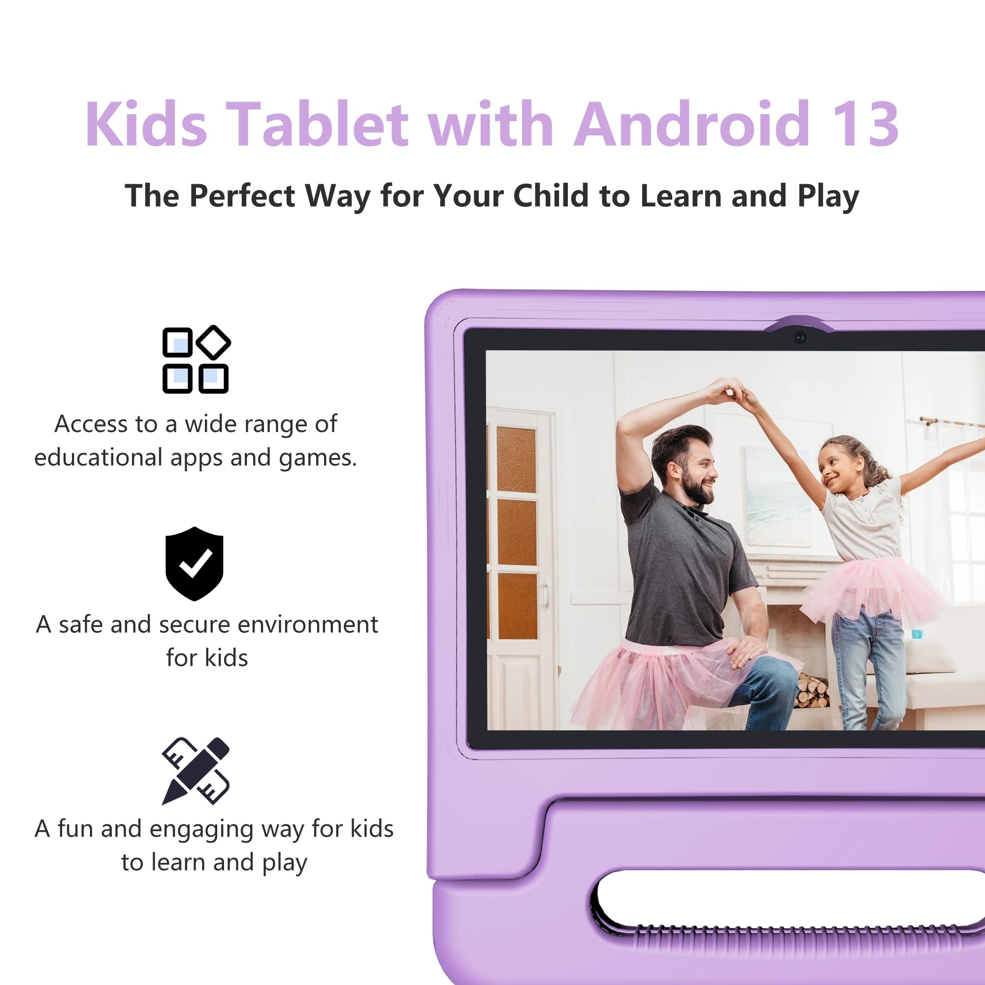 10 Inch Kids Tablet with Android 13 | 4GB RAM 64GB Storage | 8-Core Processor & WiFi 6 | 12 Hour Battery | Parental Controls | HD Display & Dual Cameras | Shockproof Case | Preloaded Educational Apps | Perfect for Learning, Travel & Home Use