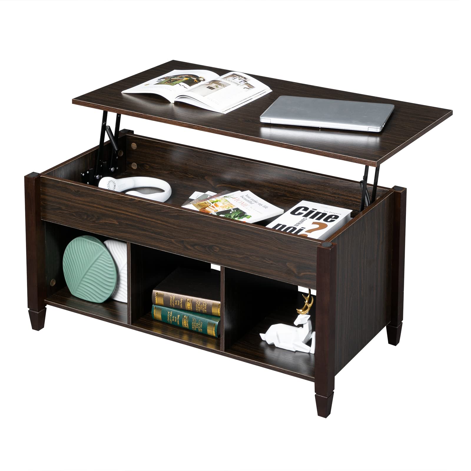 Modern Lift Top Coffee Table with Hidden Compartment & 3 Open Shelves - Storage Ottoman for Living Room, Office & Reception Areas - Perfect for Small Spaces & Entertaining (Brown)