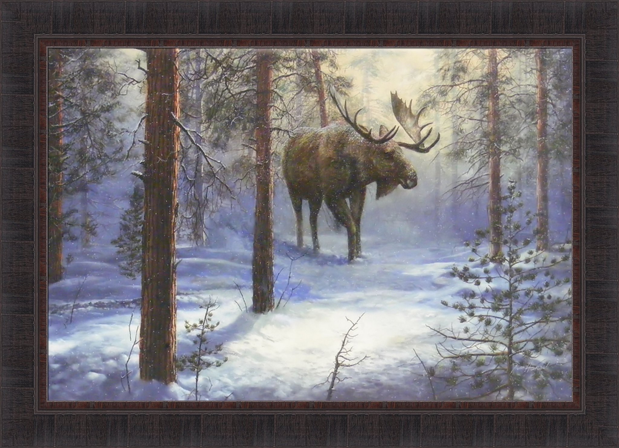 Jim Hansel North Country Bull Moose Snow Winter Framed Art Print 24x33 - Rustic Home Cabin Décor Wall Art for Living Room, Bedroom & Lodge