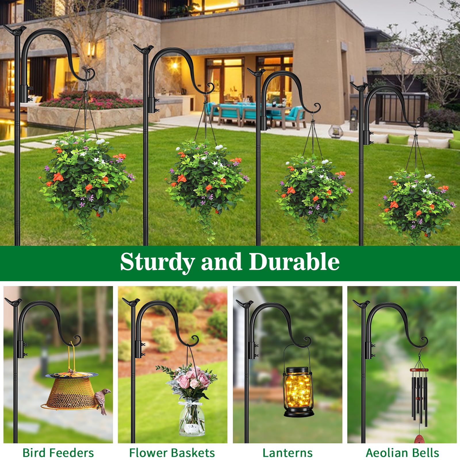 64 Inch Heavy Duty Adjustable Shepherd Hooks (2 Pack) - Outdoor Bird Feeder Pole for Hanging Plants, Solar Lights, Lanterns & Wedding Decor - Perfect for Garden, Patio, and Backyard Decoration
