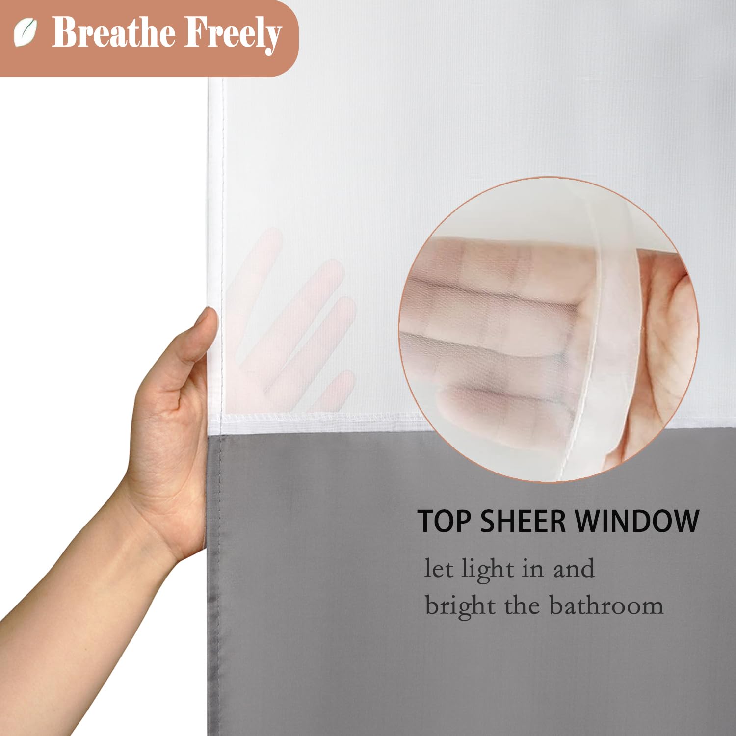 UFRIDAY Gray Shower Curtain 72x75 Inches - Fabric Bathroom Curtain with Mesh Window, Weighted Hem, Water Repellent & Machine Washable - Perfect for Modern Bathrooms, Guest Suites & Spa Retreats