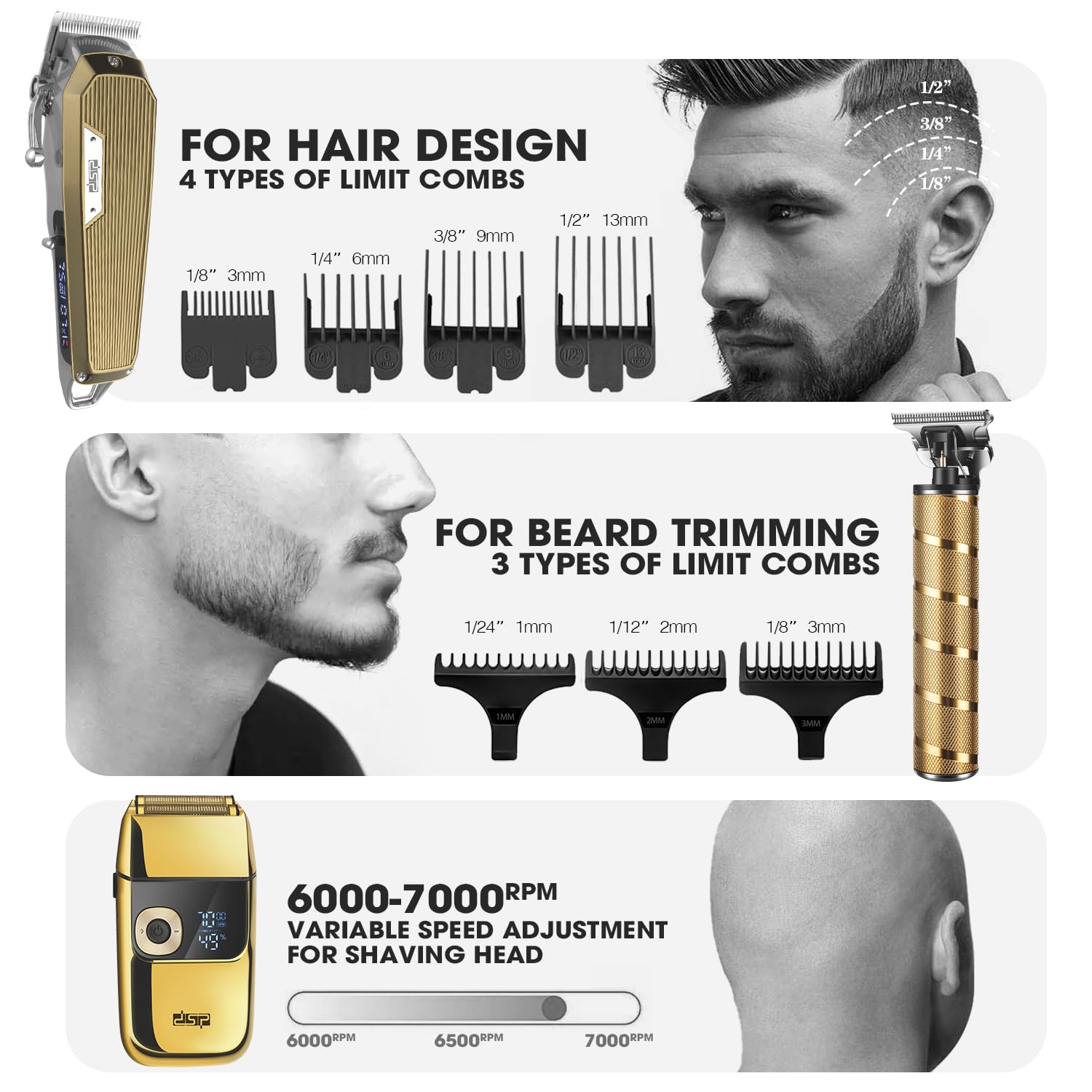 DSP® Professional Cordless Hair Clippers & Trimmers Set for Men - Bald Shaver, Beard Trimmer & Grooming Kit - Complete Home Barber Set for DIY Haircuts & Beard Styling (Great for Travel & Gifts)