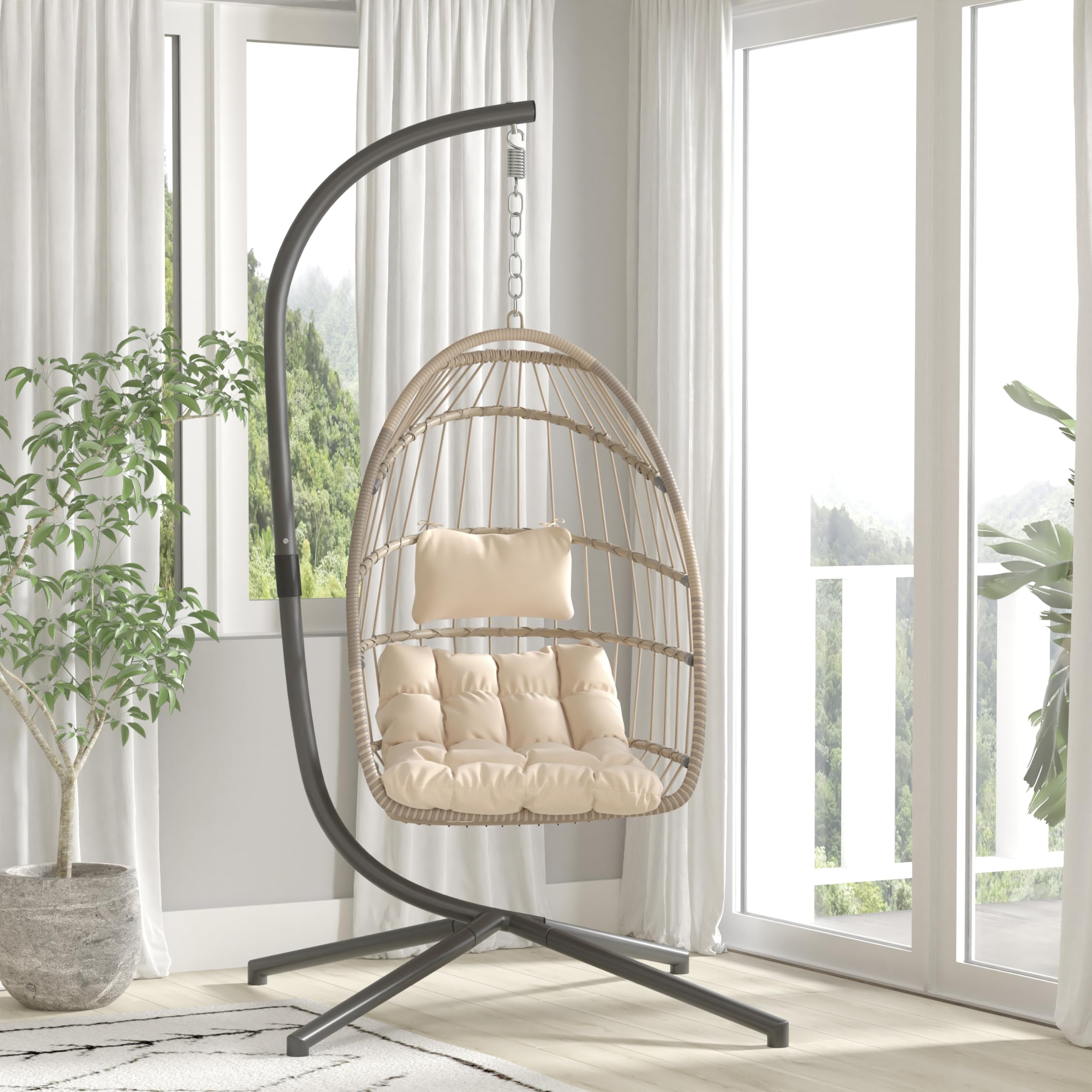 Cleo Indoor/Outdoor Patio Hanging Egg Chair - Natural Wicker Frame with Cream Cushions, Black Powder-Coated C-Stand - Perfect for Porch, Garden & Backyard Relaxation