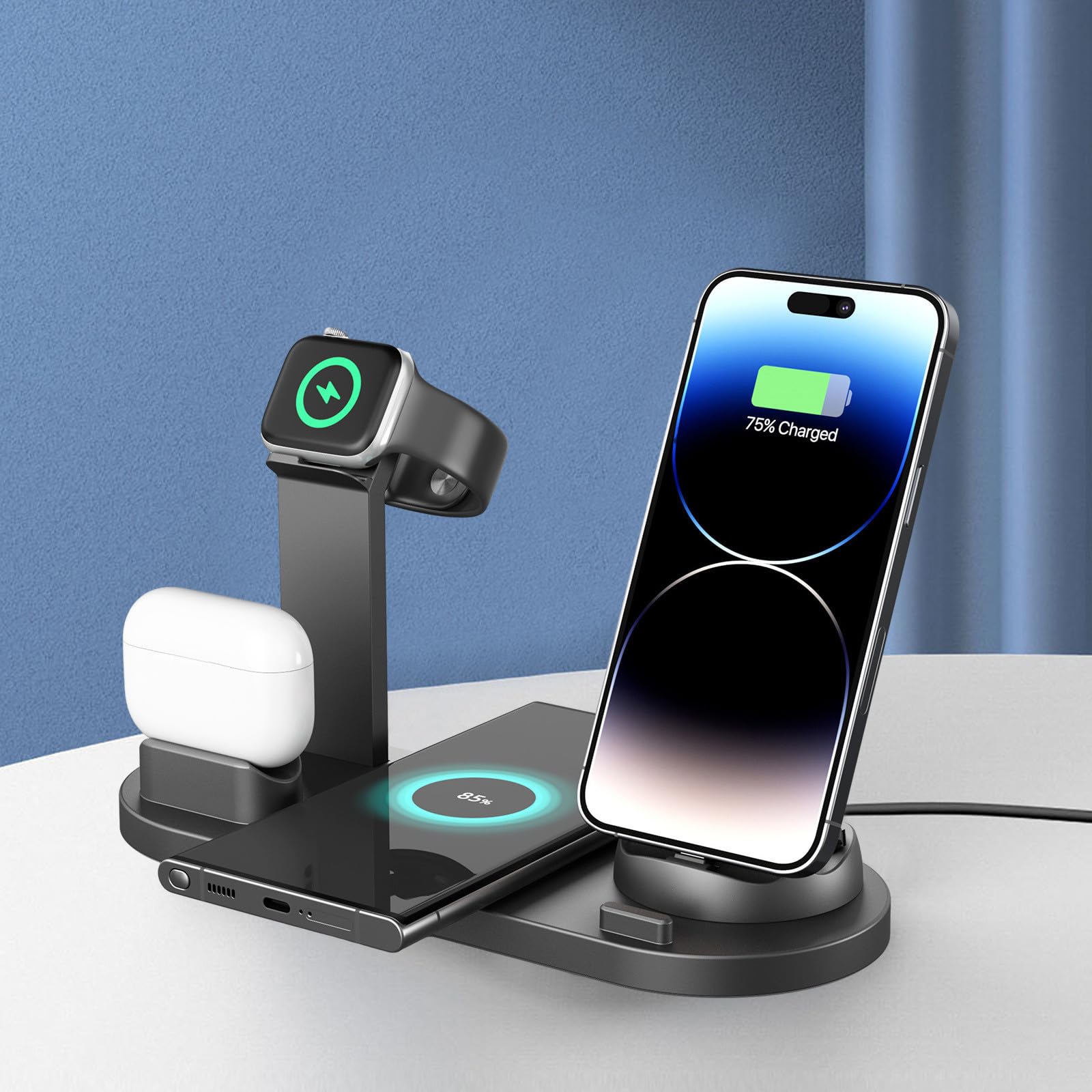 4-in-1 Magnetic Wireless Charger Stand - 15W Fast Charging for iPhone, Samsung, AirPods & Smartwatch | Multi-Device Charging Station with Overheat Protection | Perfect for Home, Office & Nightstand Use