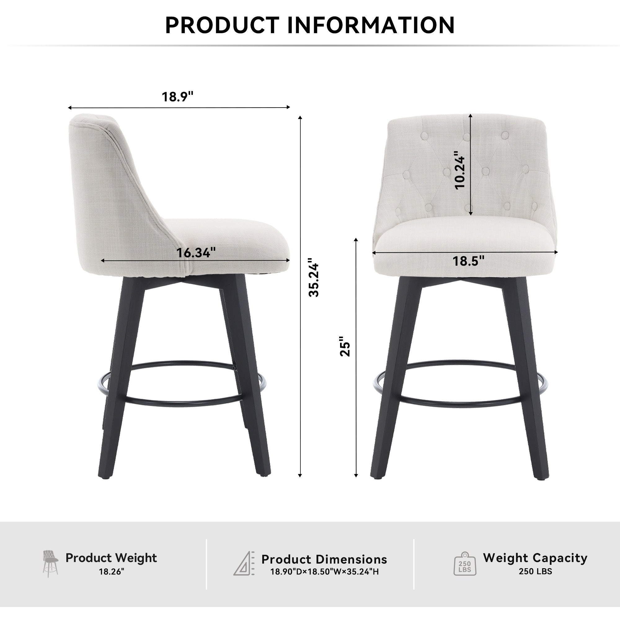 Modern 25' Swivel Bar Stools Set of 2 - Counter Height Stools with Linen Upholstery & Button Tufted Back, Solid Wood Frame for Kitchen Island, Home Bar or Breakfast Nook - Perfect for Entertaining Guests or Casual Dining