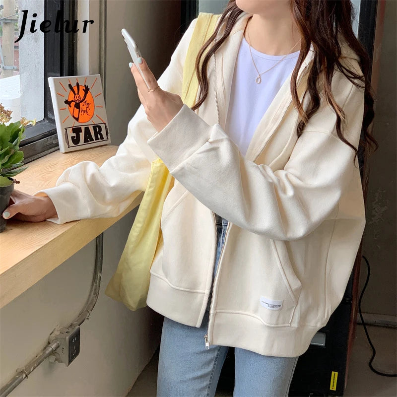 Women's Autumn Zip Up Hoodie - Casual Streetwear Loose Fit Thin Blue Gray Apricot Sweatshirt with Pocket | Cozy Fall Outerwear for Everyday Wear, Travel & College Campus Fashion