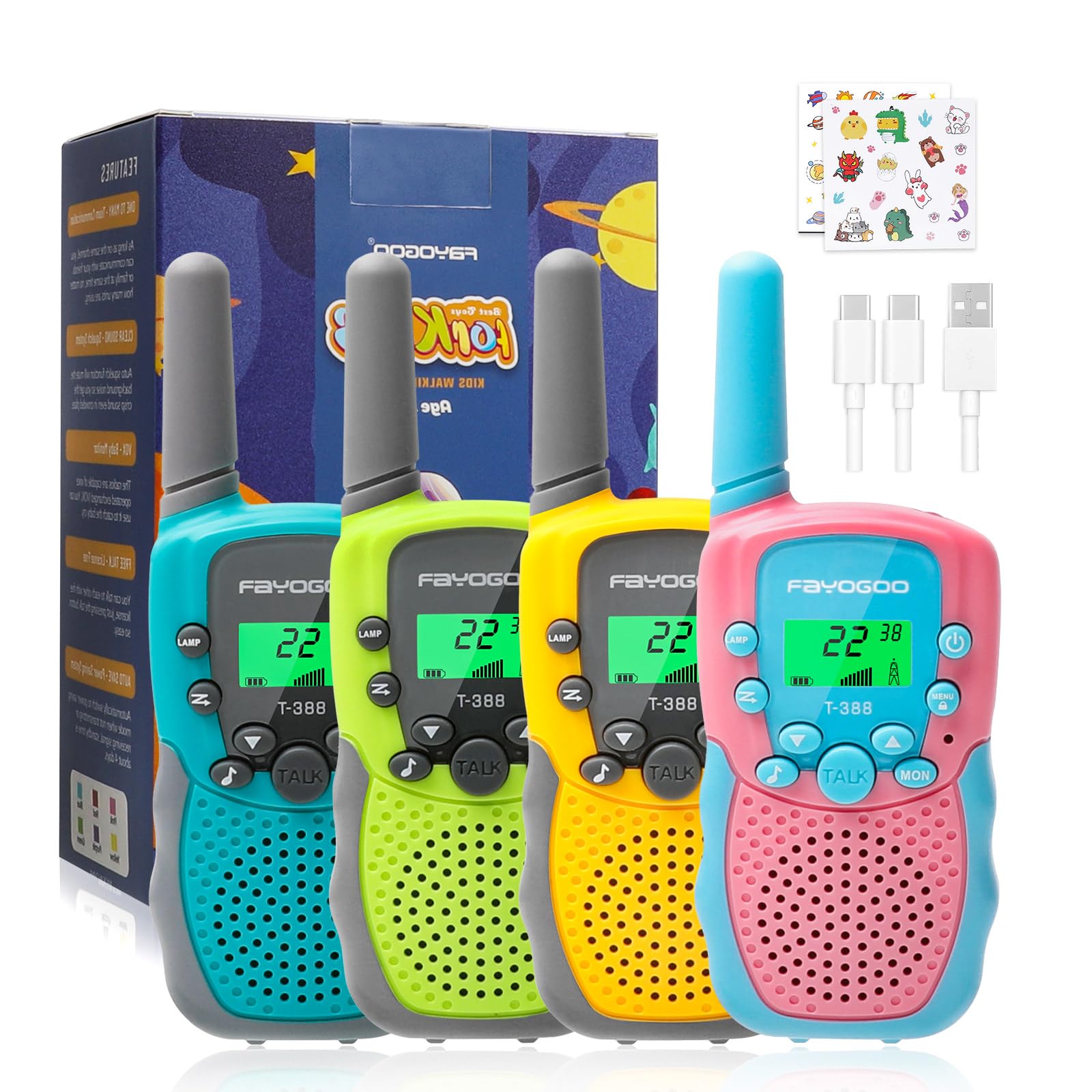 FAYOGOO 4 Pack Kids Walkie Talkies - Long Range 2 Miles Rechargeable Walkie Talkies with Flashlight & Built-in Battery - Best Toys Gifts for Boys Girls Ages 3-12 - Perfect for Outdoor Adventures, Camping, Hiking & Birthday Christmas Gifts