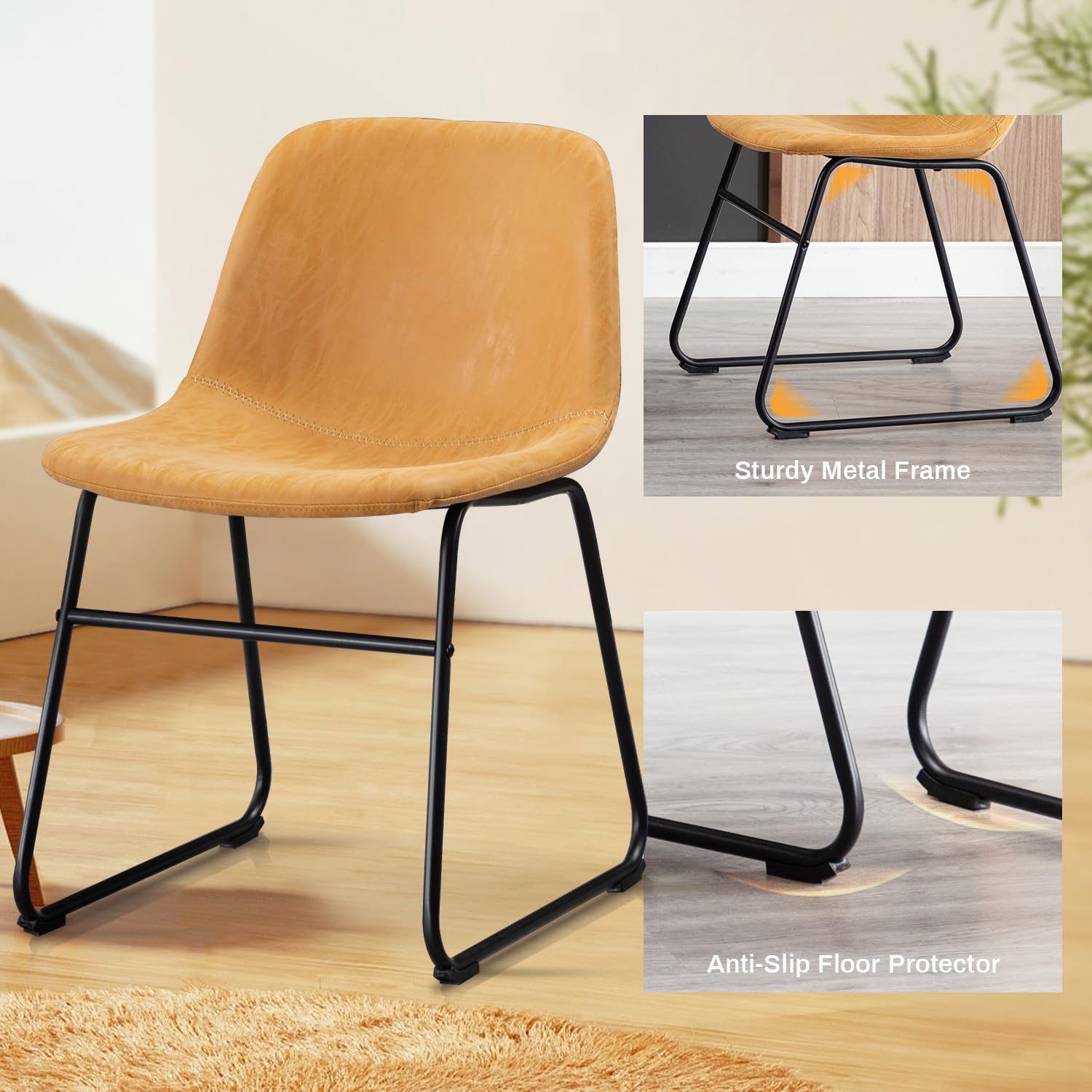 Vanity Art PU Leather Dining Chairs Set of 2 - Modern Armless Kitchen & Dining Room Chairs with Metal Legs in Yellow Tan (UC-13T) - Perfect for Small Spaces, Breakfast Nooks & Contemporary Dining Areas