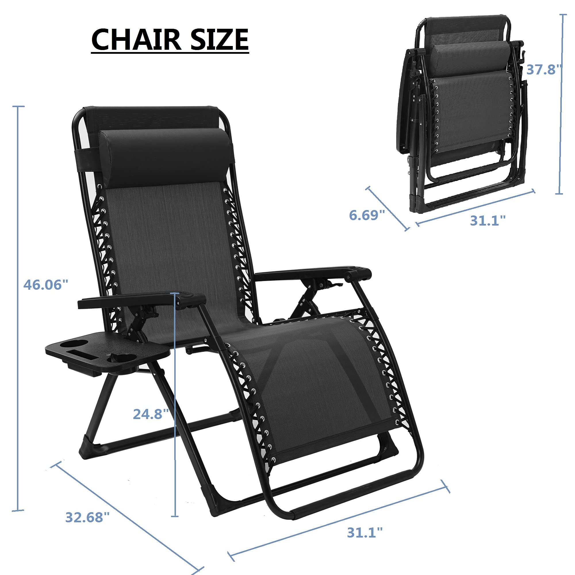 Heavy Duty Steel Frame Outdoor Patio Folding Zero Gravity Lounge Chair with Pillow & Cup Holder - Adjustable Reclining Camp Chair for Poolside, Backyard, Beach & Garden Relaxation (Black)