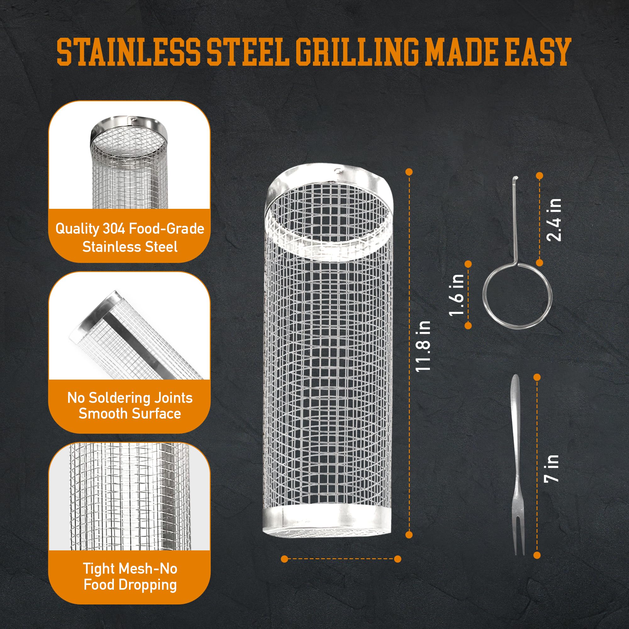 Premium Stainless Steel Grill Baskets Set of 2 - Heavy Duty Rolling BBQ Baskets for Fish, Vegetables, Meat & More - Includes 2 Forks, 2 Hooks, Spray Bottle & 4 Brushes - Perfect for Outdoor Grilling, Camping, Picnics & Backyard BBQs