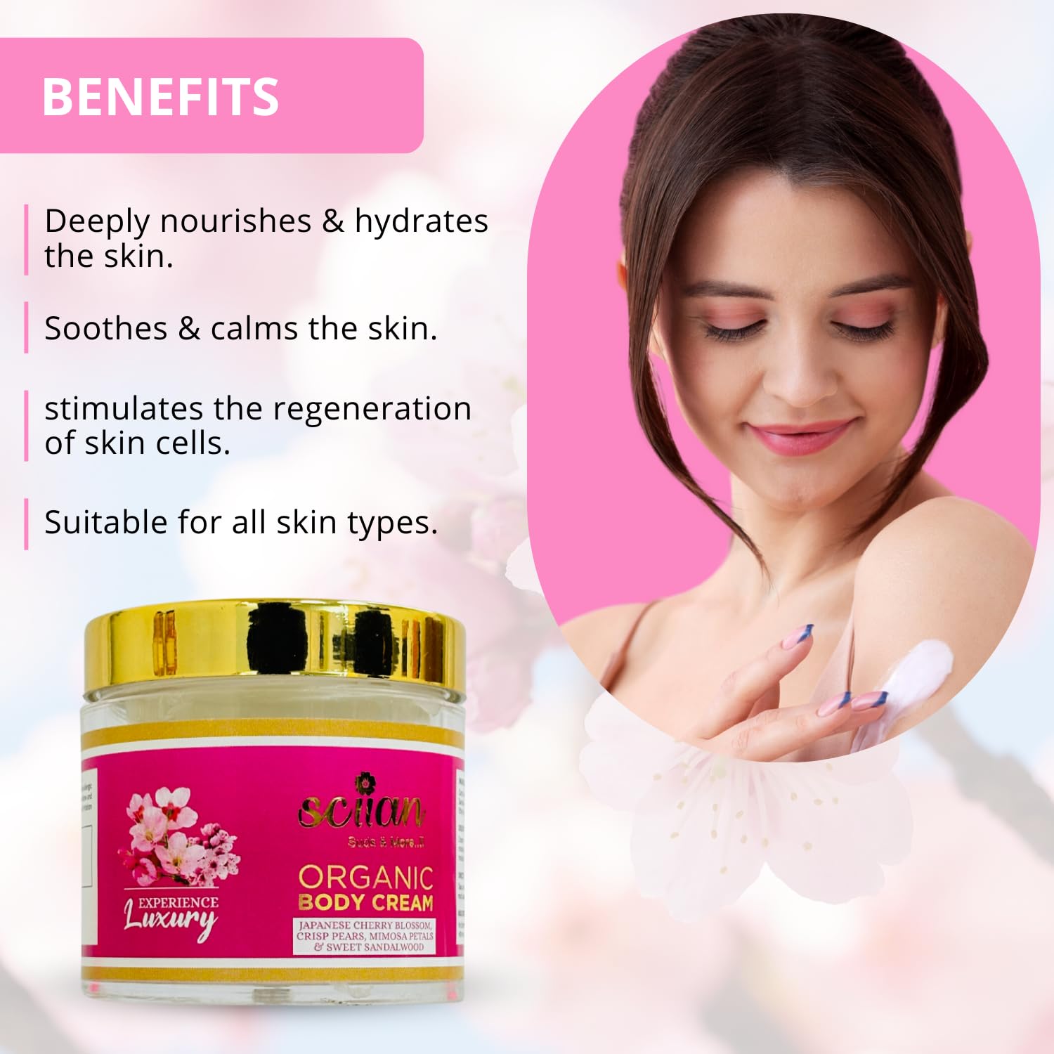 SCIIAN Japanese Cherry Blossom & Crisp Pear Body Cream with Mimosa Petals & Sweet Sandalwood - 100g Moisturizing Cream for Women, Dry Skin Care Enriched with Olive Oil & Almond Oil (Pack of 4) | Perfect for Daily Hydration, Spa Nights & Gift Giving