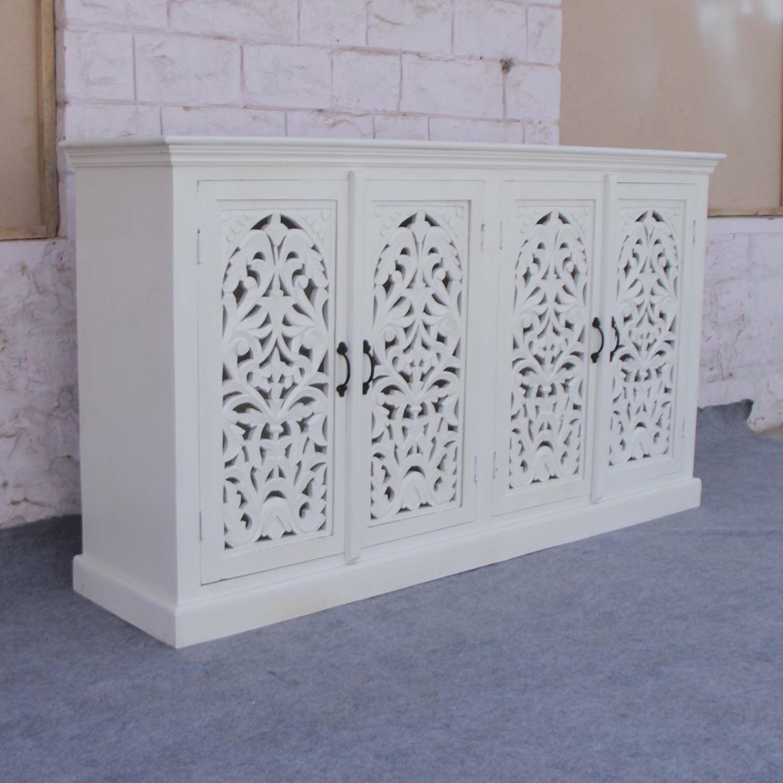 Hand Carved White Floral Jali Design Sideboard 160cm - Elegant Storage Solution for Living Room, Dining Room & Entryway