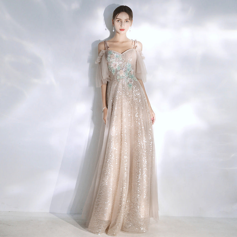 Elegant Off Shoulder Champagne Prom Dress - Shiny Formal Evening Gown for Homecoming, Wedding, Party & Special Occasions