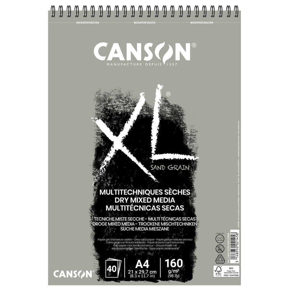 Canson XL Sand Grain Grey Spiral Pad A4 - 50 Sheets 98lb/160g Acid-Free Sketch Paper for Drawing, Painting & Mixed Media - Perfect for Artists, Students & Professionals