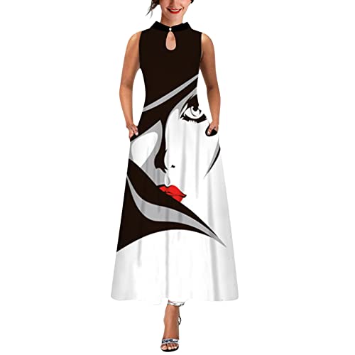 Women's Summer Sleeveless Floral Print Maxi Dress - Boho Beach Sundress with Pockets & Stand Neck (White, XXL) | Perfect for Vacations, Beach Outings & Casual Summer Wear