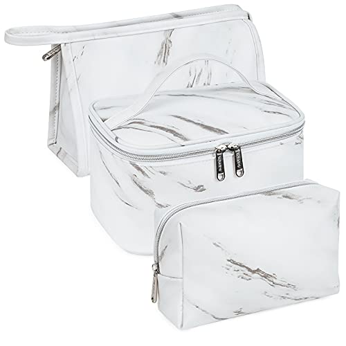 Waterproof Makeup Bag Set for Women - 3 Pcs Travel Cosmetic Organizer (White Marble) | Perfect for Gym & Vacation