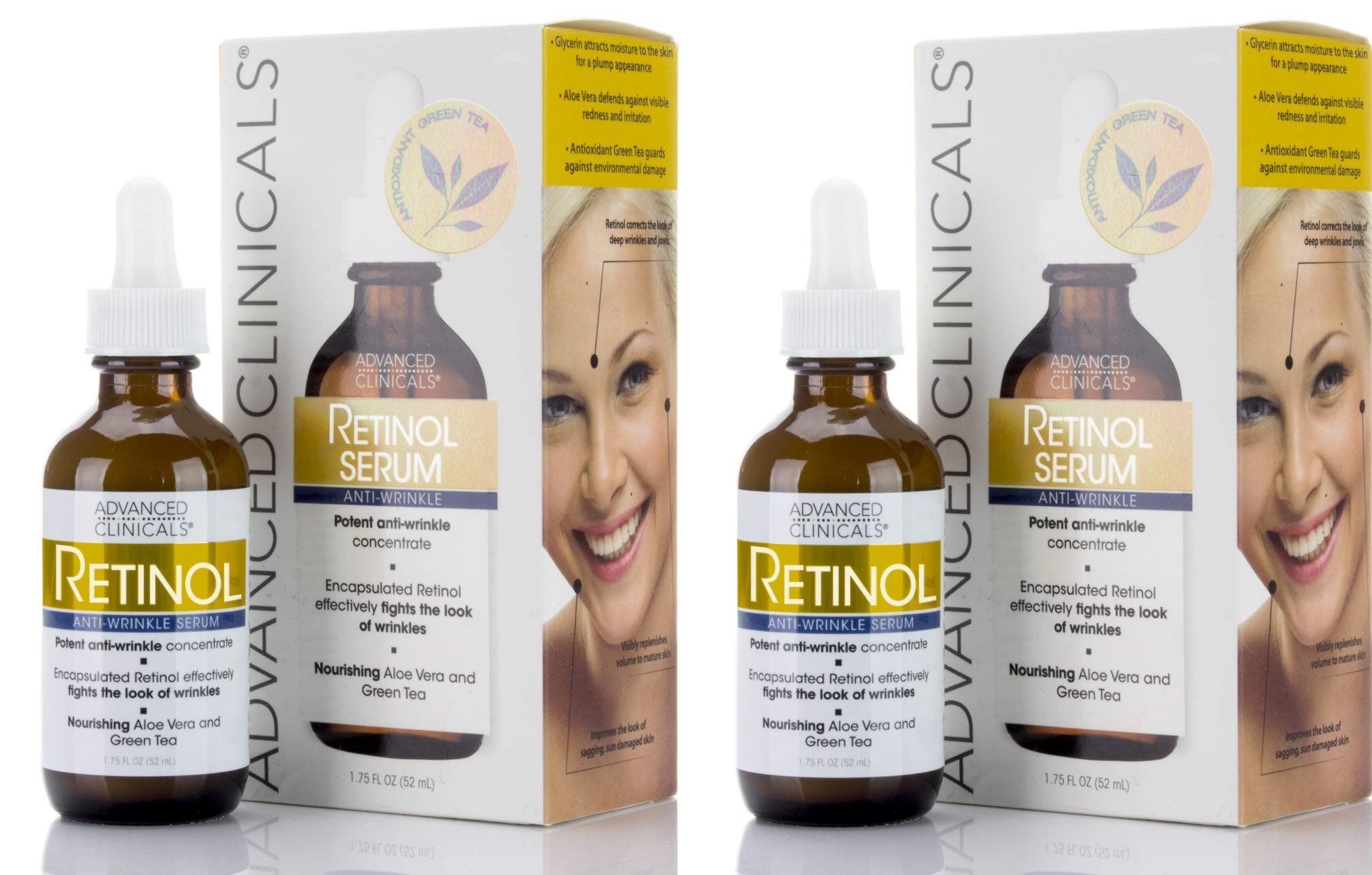 Advanced Clinicals Retinol Facial Serum Moisturizer - Anti Aging Retinol Concentrate for Face with Aloe Vera & Green Tea - Reduces Wrinkles & Fine Lines - 1.75 Fl Oz (Pack of 2) - Perfect for Nighttime Skincare Routine & Daily Anti-Aging Treatment