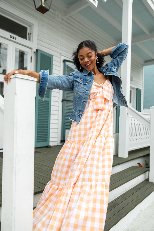 Checked Out Orange Gingham Tie Front Maxi Dress - Women's Summer Floral Print Long Dress for Beach, Vacation & Casual Wear - FINAL SALE