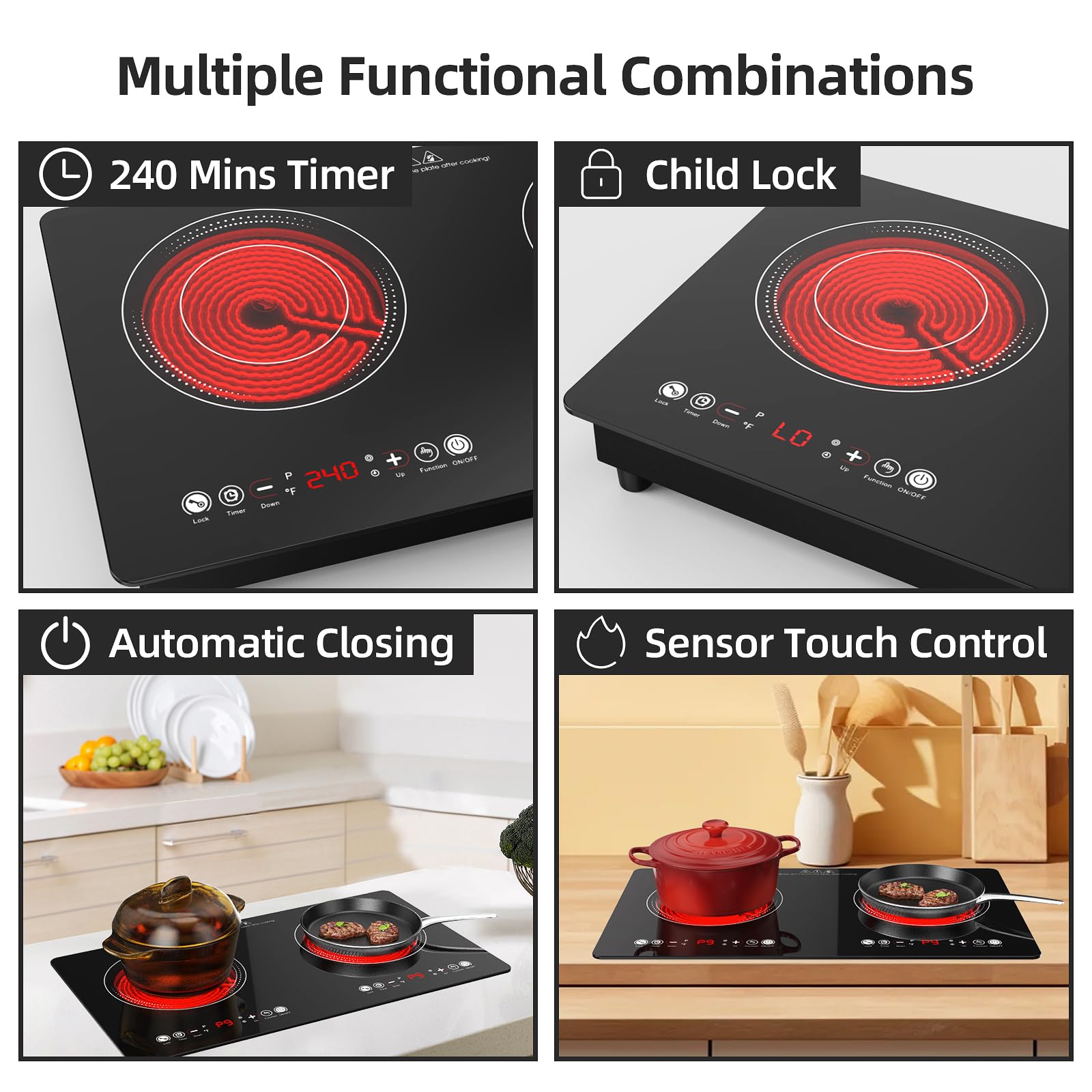 **24 Inch Electric Cooktop - 110V 2400W Built-in Ceramic Stove Top with 9 Power Levels & LED Touch Control - 2 Burner Desktop Induction Cooktop for Home, Kitchen, RV & Small Spaces**