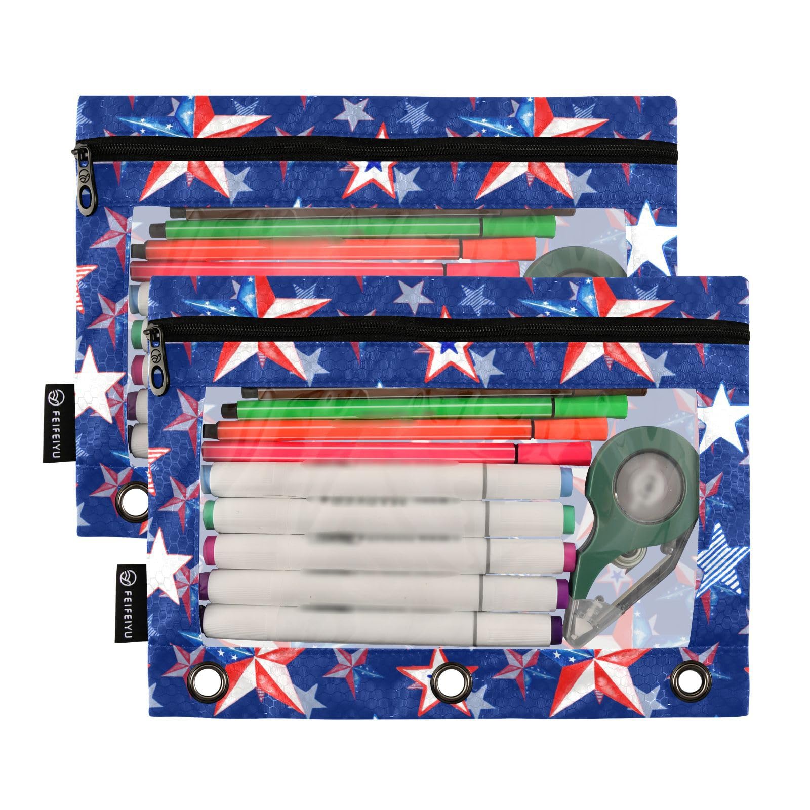 USA Stars Watercolor Pencil Pouch - 2 Pack Zippered Binder Pouch with Clear Window for 3-Ring Binders | Patriotic 4th of July School & Office Supplies | Perfect for Students, Teachers & Home Organization