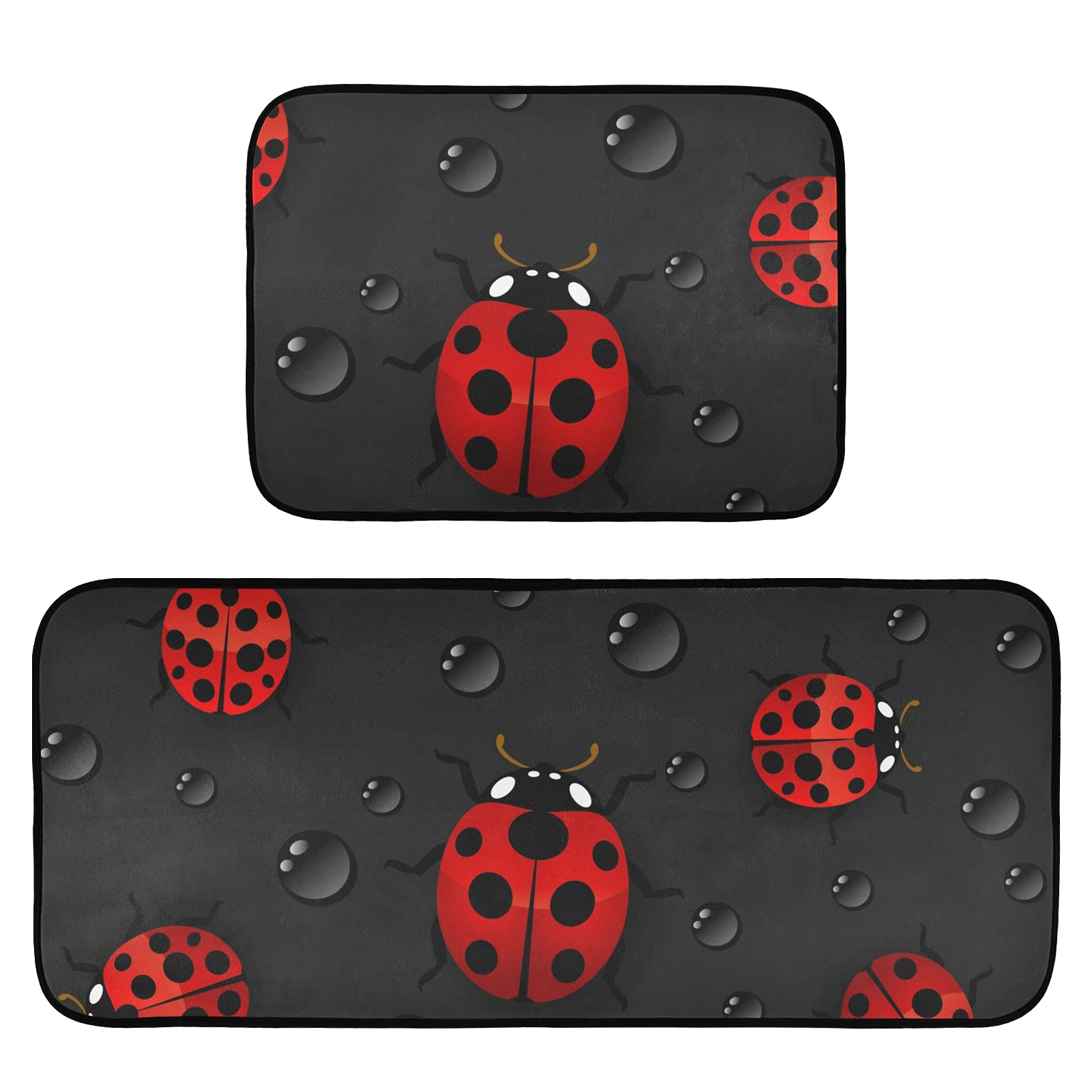 2-Piece Ladybug Non-Slip Anti-Fatigue Kitchen Mats Set - Cushioned Standing Floor Rugs for Kitchen, Hallway & Sink Areas - Perfect for Comfortable Cooking, Dishwashing & Home Decor