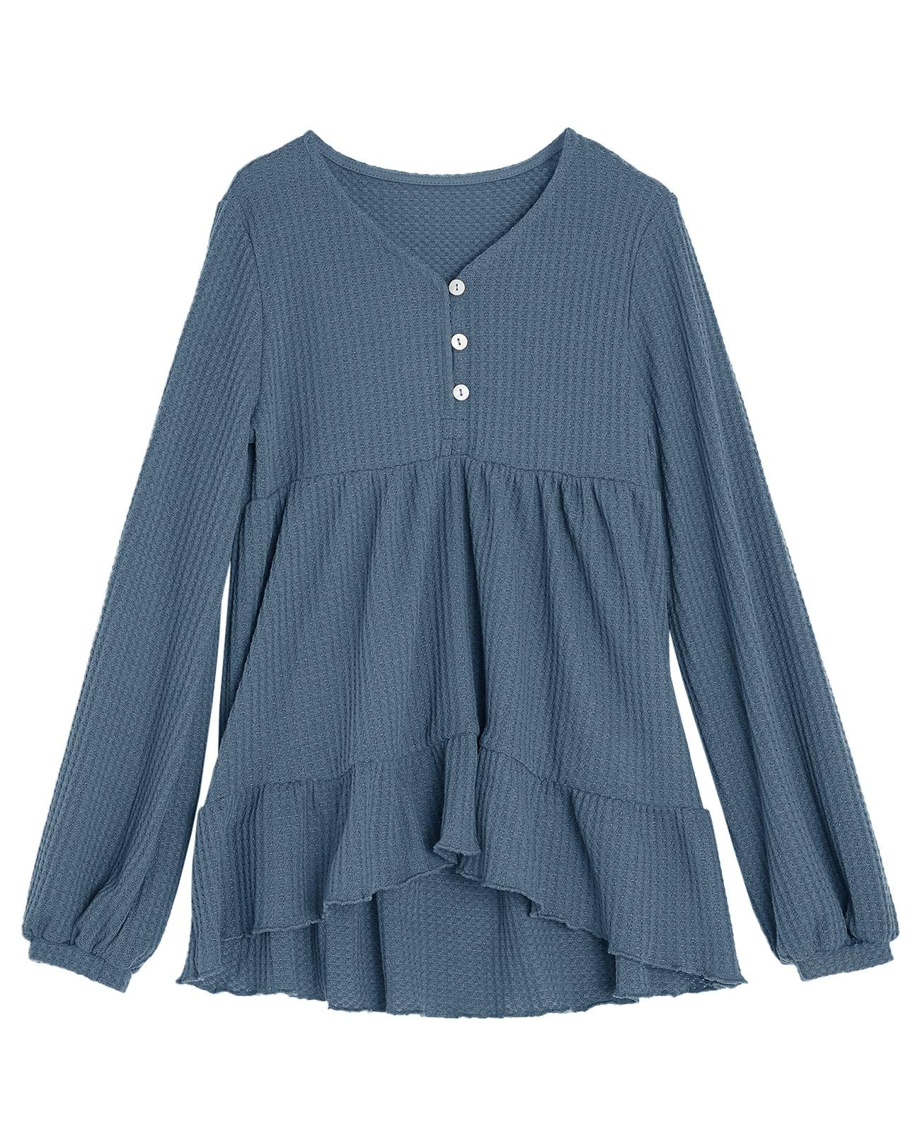 Popheartgo Girls Waffle Tunic Tops - Cute Babydoll Peplum Blouse with Flowy Ruffle Sleeves, Loose Long Sleeve High-Low Jumper for Kids | Perfect for School, Parties & Casual Outfits