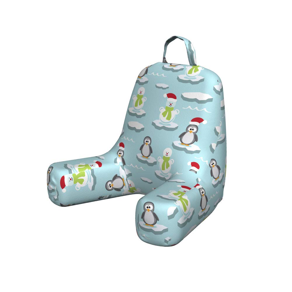Ambesonne Funny Bedrest Pillow with Back Pocket - Penguins & Snowmen on Ice Floes Antarctica Cartoon Design - Multicolor Small Reading & Gaming Pillow for Dorm Room, Bed, Sofa - Perfect Gift for Kids & Adults
