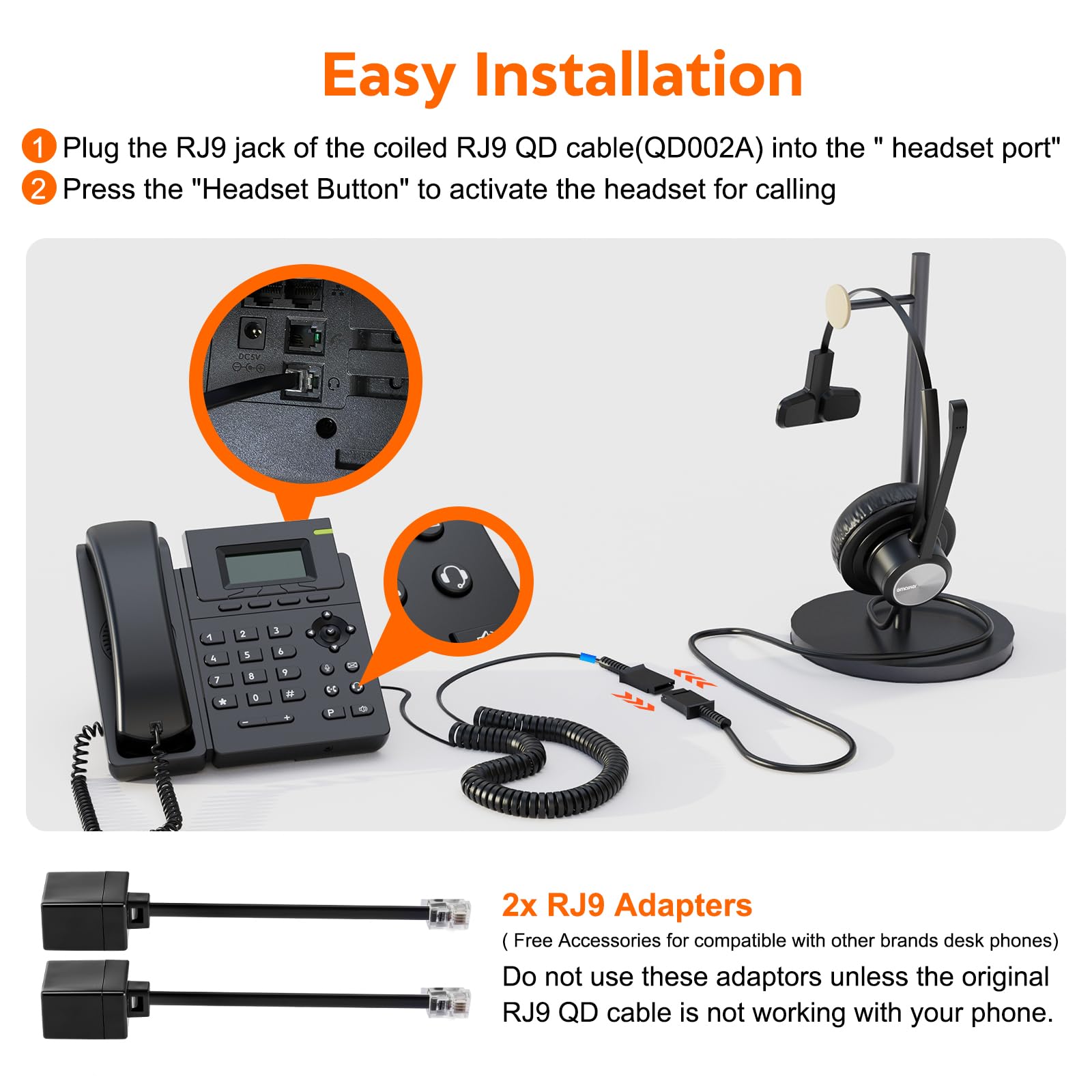 Noise Canceling Office Phone Headset with RJ9 QD Cable - Single Ear Wired Headset Compatible with HTek, Fanvil, Snom, Grandstream, Yealink T21P/T22P/T26P/T28P/T23G/T29G/T41S/T42S/T46S - Ideal for Call Centers, Remote Work & Business Communications