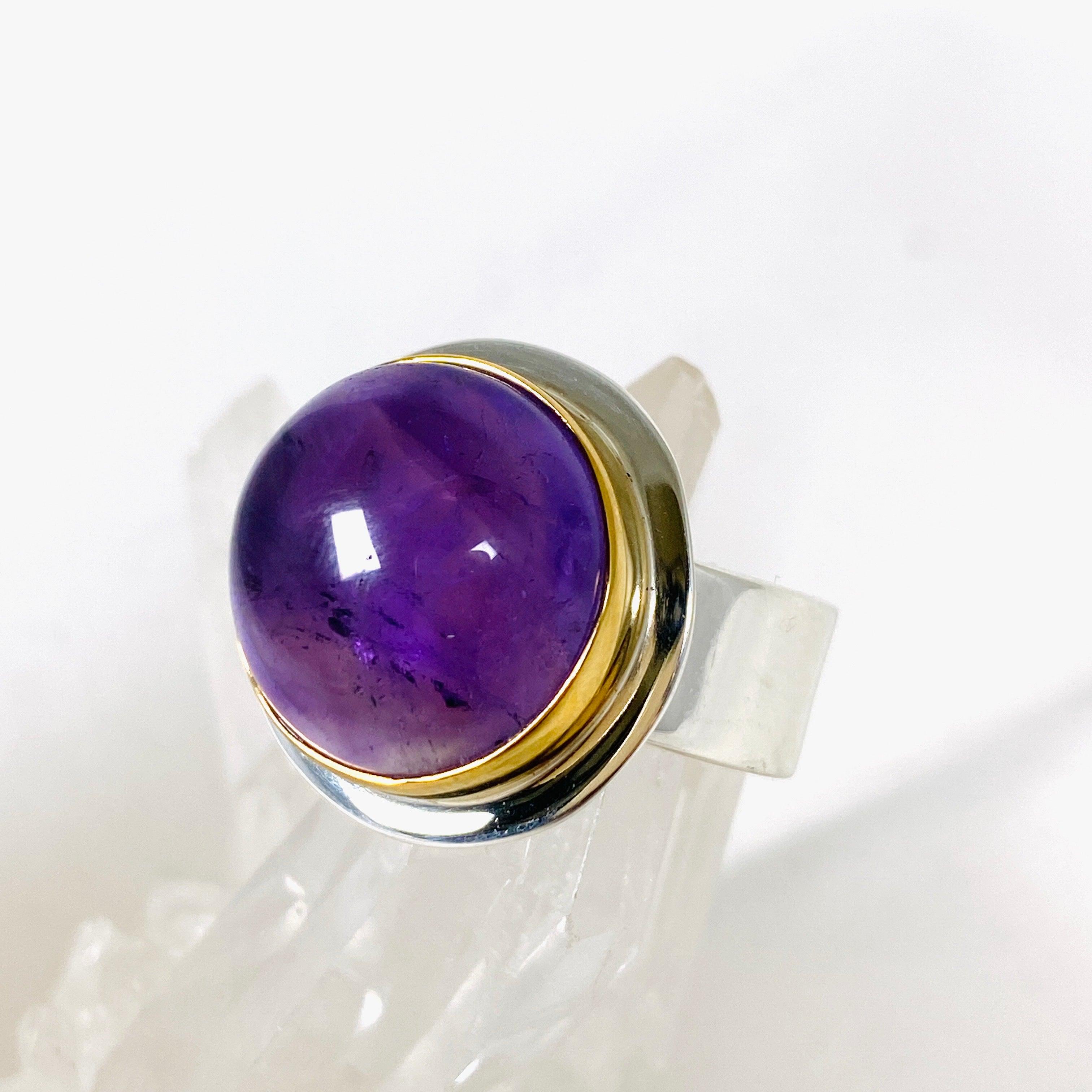Amethyst Round Ring with Brass Detailing - Size 11 - KRGJ2961 | Elegant Purple Gemstone Jewelry for Women, Perfect for Weddings, Parties & Everyday Wear