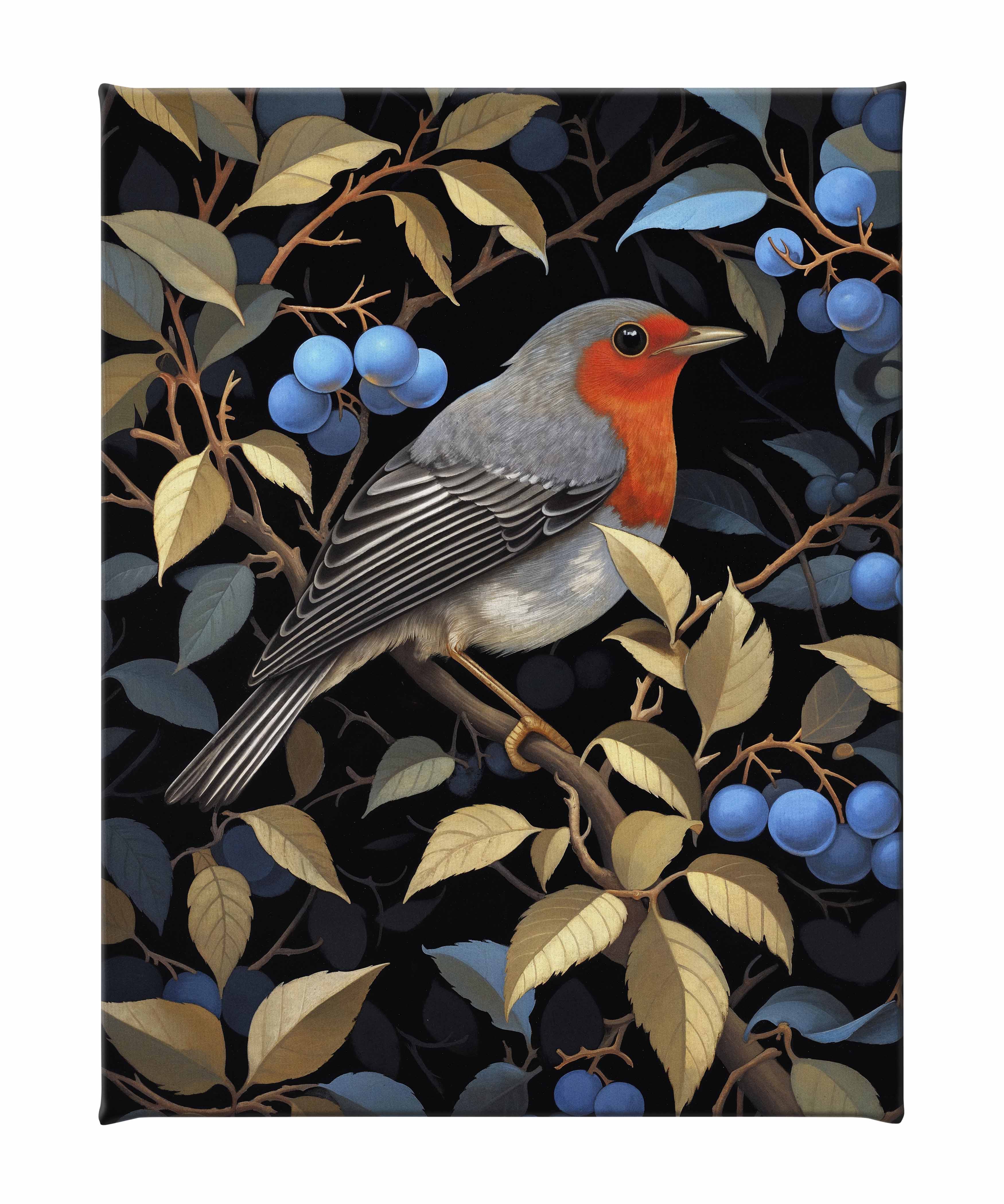 Crimson Song Robin Among Blueberries Gallery Wrapped Canvas Wall Art - Hand Painted Nature Landscape Painting for Living Room, Bedroom & Office Decor