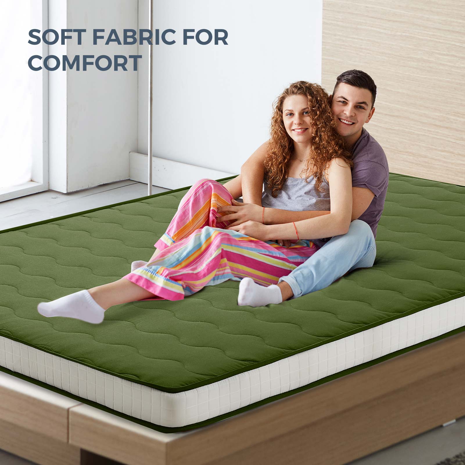 MAXYOYO 6-Inch Extra Thick Japanese Floor Futon Mattress - Premium Diamond Quilting Design for Bedroom, Guest Room & Small Spaces - Green (Queen Size) | Ideal for Apartments, Dorms, Sleepovers & Minimalist Living
