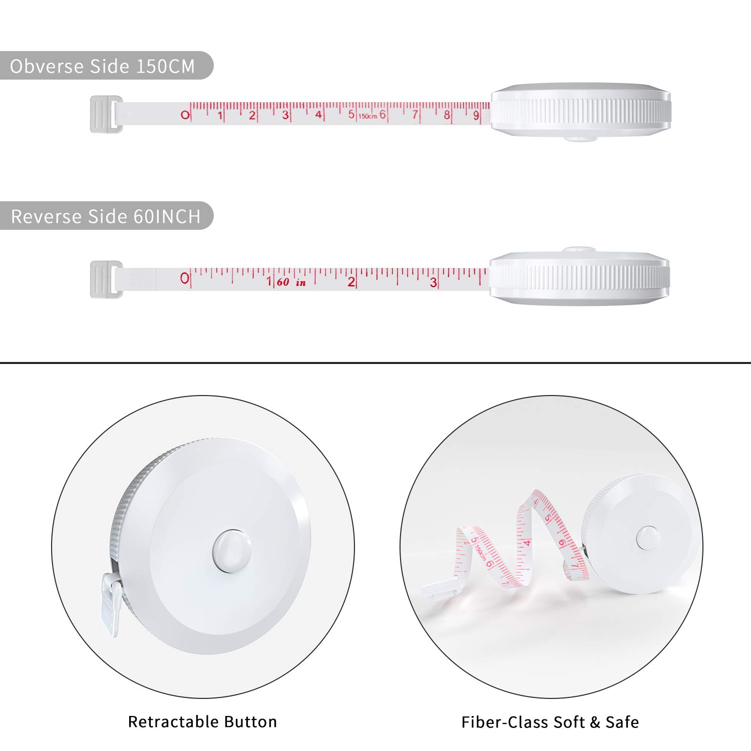 **DiCUNO 60-Inch 1.5 Meter Soft Retractable Tape Measure - 3 Pack White with Flexible Tape - Perfect for Sewing, DIY Projects & Home Improvement**