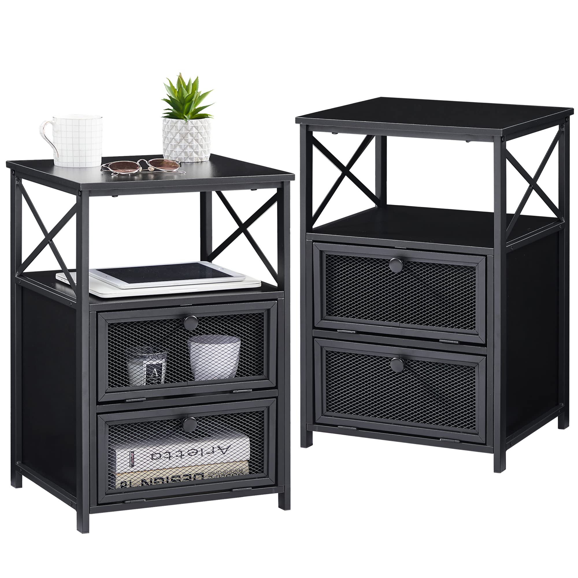 VECELO Modern Nightstand Set of 2 - Bedside End Table with Storage Drawer & Door - Antique Black Finish for Bedroom, Living Room, Lounge - Perfect for Storing Books, Lamps & Bedroom Essentials