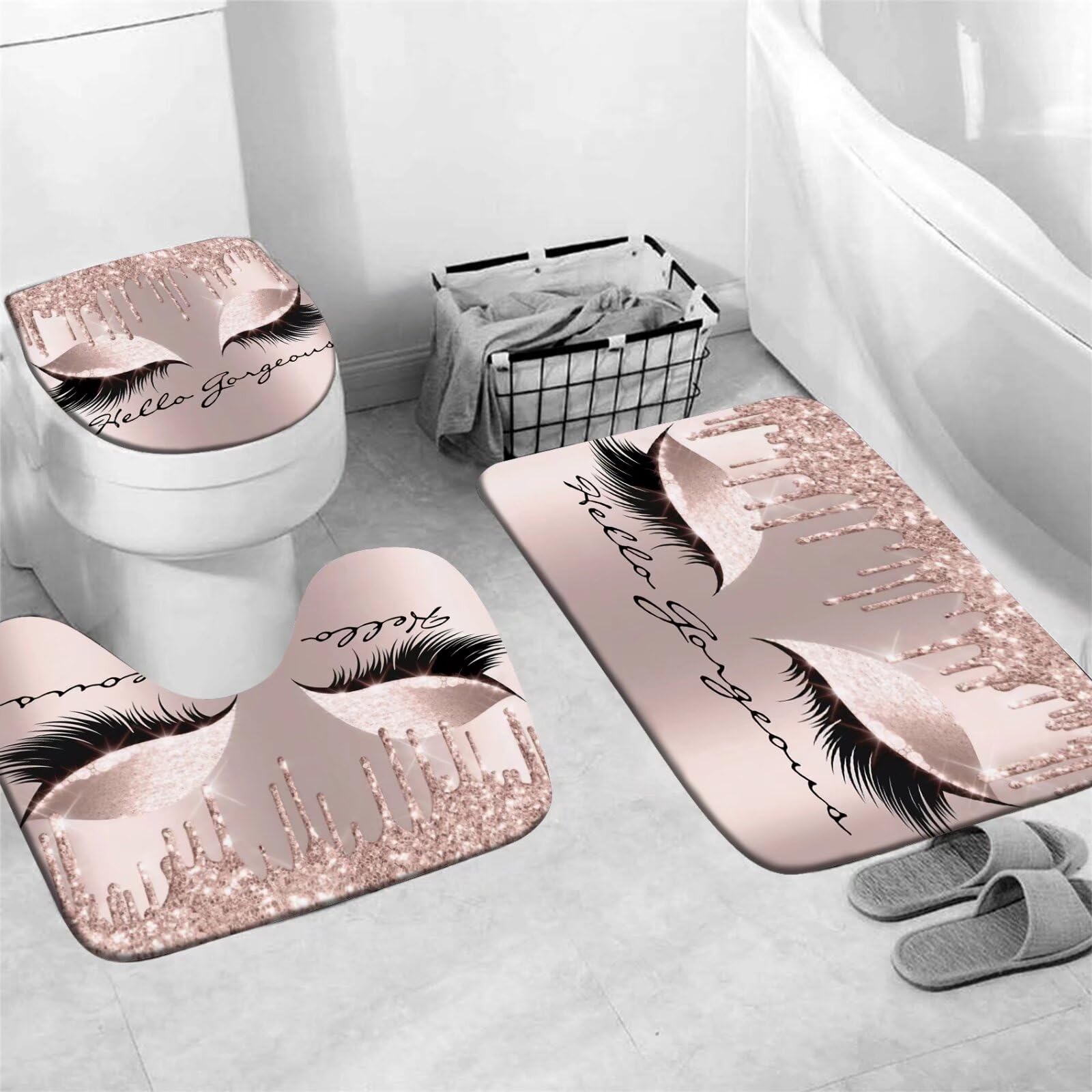AZHM 4PCS Pink Rose Gold Eyelash Shower Curtain Set - Hello Gorgeous Bathroom Decor with Matching Rugs & Accessories | Elegant Bathroom Upgrade for Women's Spa-Like Shower Experience
