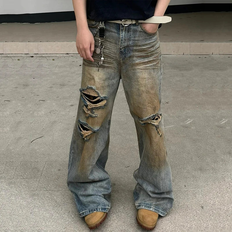 American Style Men's Jeans - Washed Distressed Mud Dyed Contrast Color Denim Pants - Straight Wide Leg Fit for Casual Wear & Street Style | Perfect for Everyday Outfits, Parties, and Urban Fashion