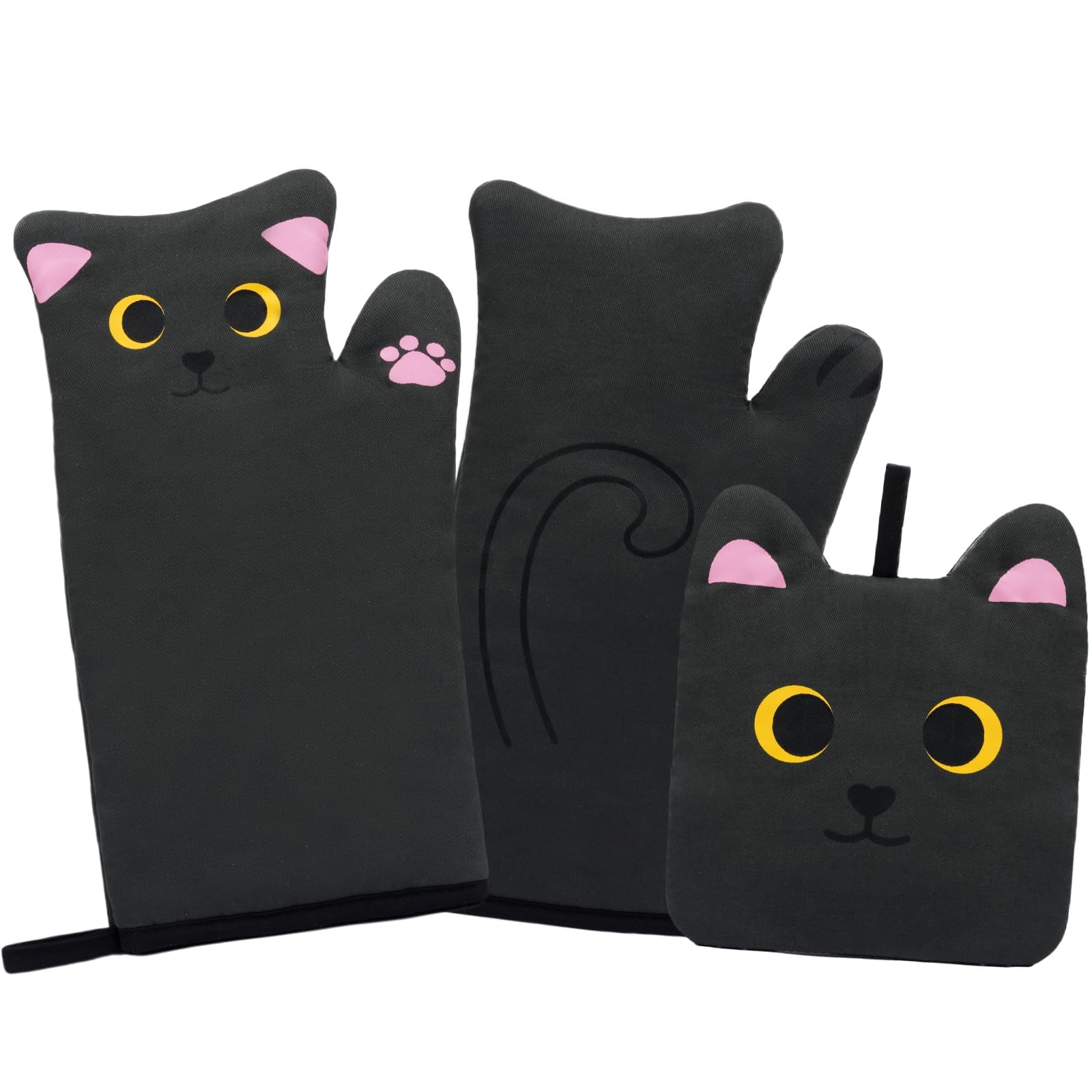 Heat Resistant Oven Mitts and Pot Holders Set - Cute Cat Design Cooking Gloves with Quilted Cotton Lining for Baking, Grilling & Microwave Use - Perfect Kitchen Gift for Mom & Housewarming (Black) - Ideal for Holiday Cooking, BBQ Parties & Home Kitchen Safety